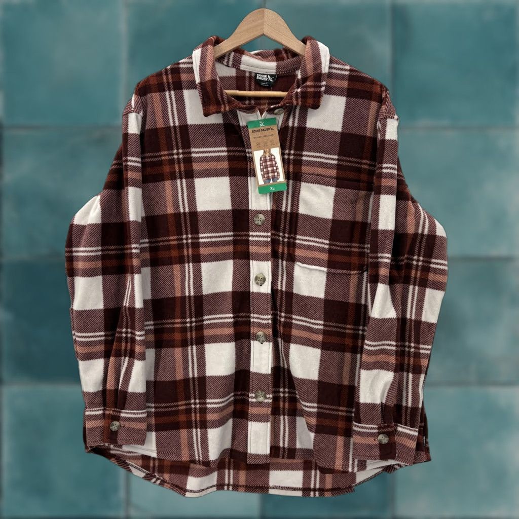 Eddie Bauer Eddie Bauer Button-Up Shirt Womens XL Brown Plaid Long Sleeve Microfleece Cozy Tight Fit Easy Care Size XL / US 12-14 / IT 48-50 - 1 Thumbnail