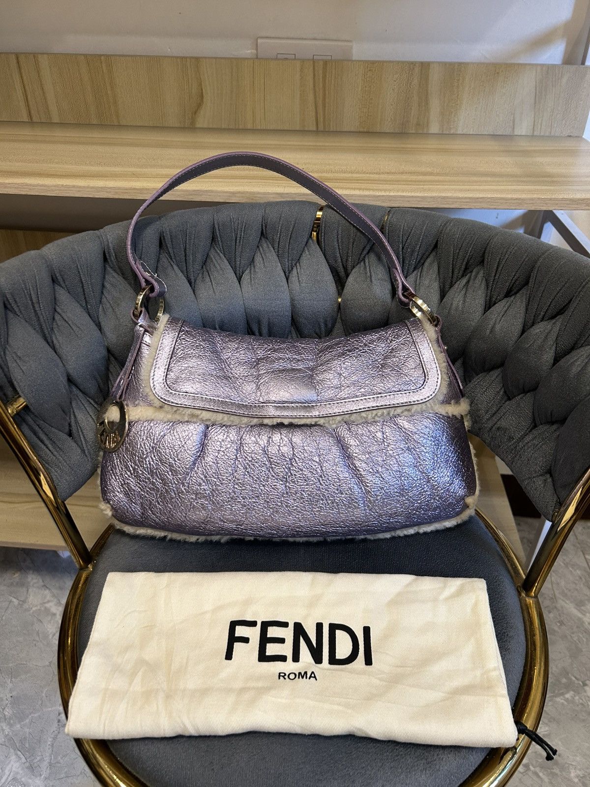 Fendi Fendi Chef Shearling Metallic Purple Sheepskin Small Hobo Size ONE SIZE - 1 Thumbnail