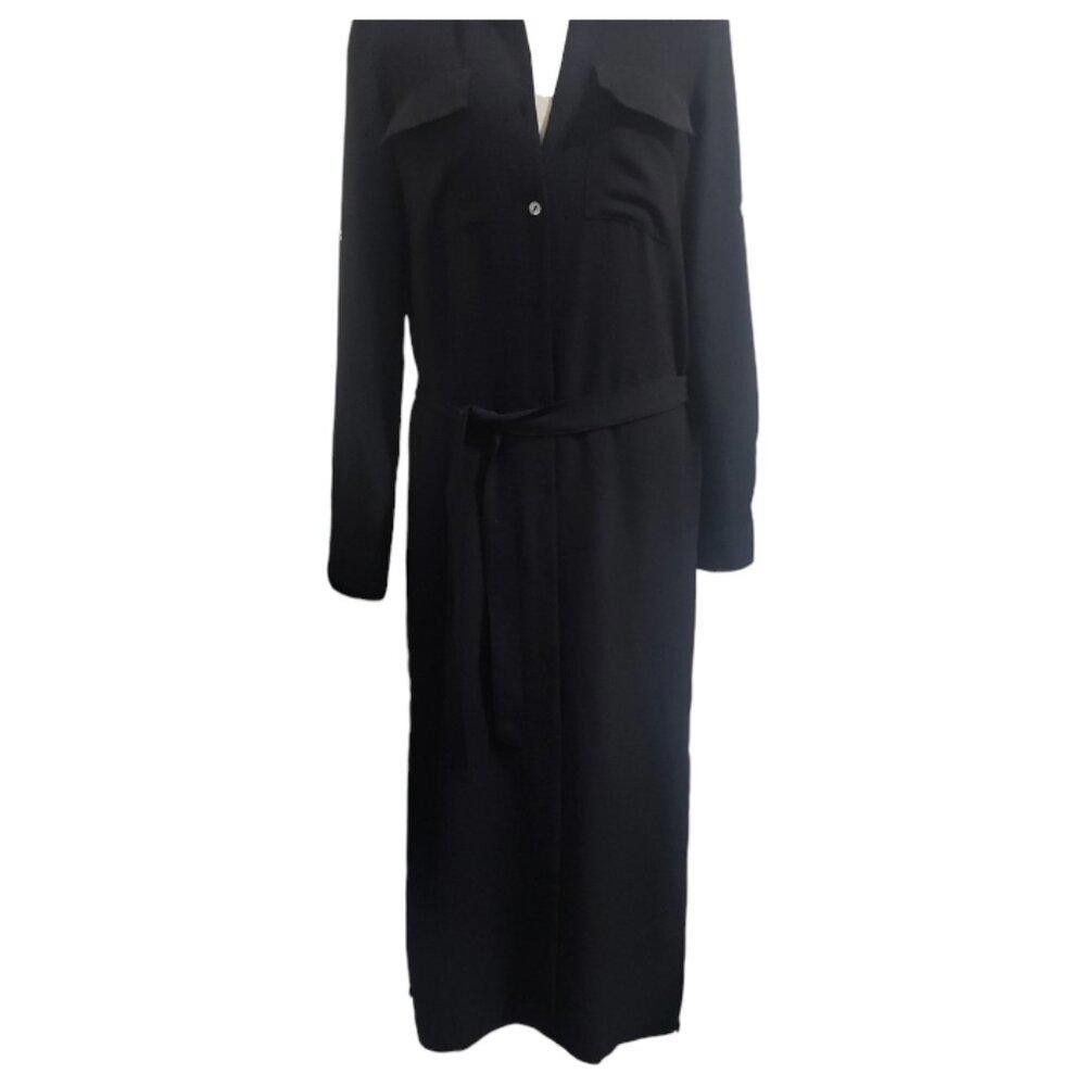 Designer CT1847 Spin Black Button Down Duster with Belt Strap S Size S / US 4 / IT 40 - 4 Thumbnail