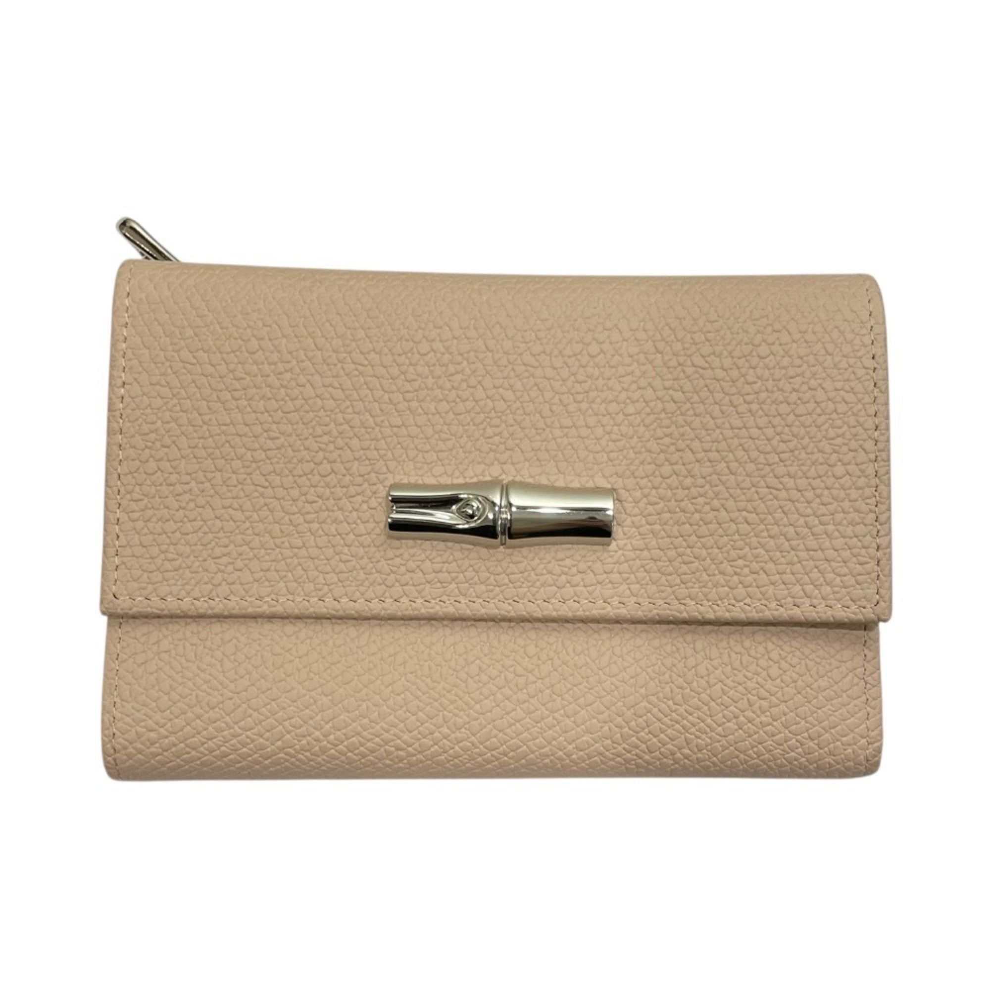 LONGCHAMP ROSEAU Leather Tri-Fold Wallet Compact Clay (Beige) Women's