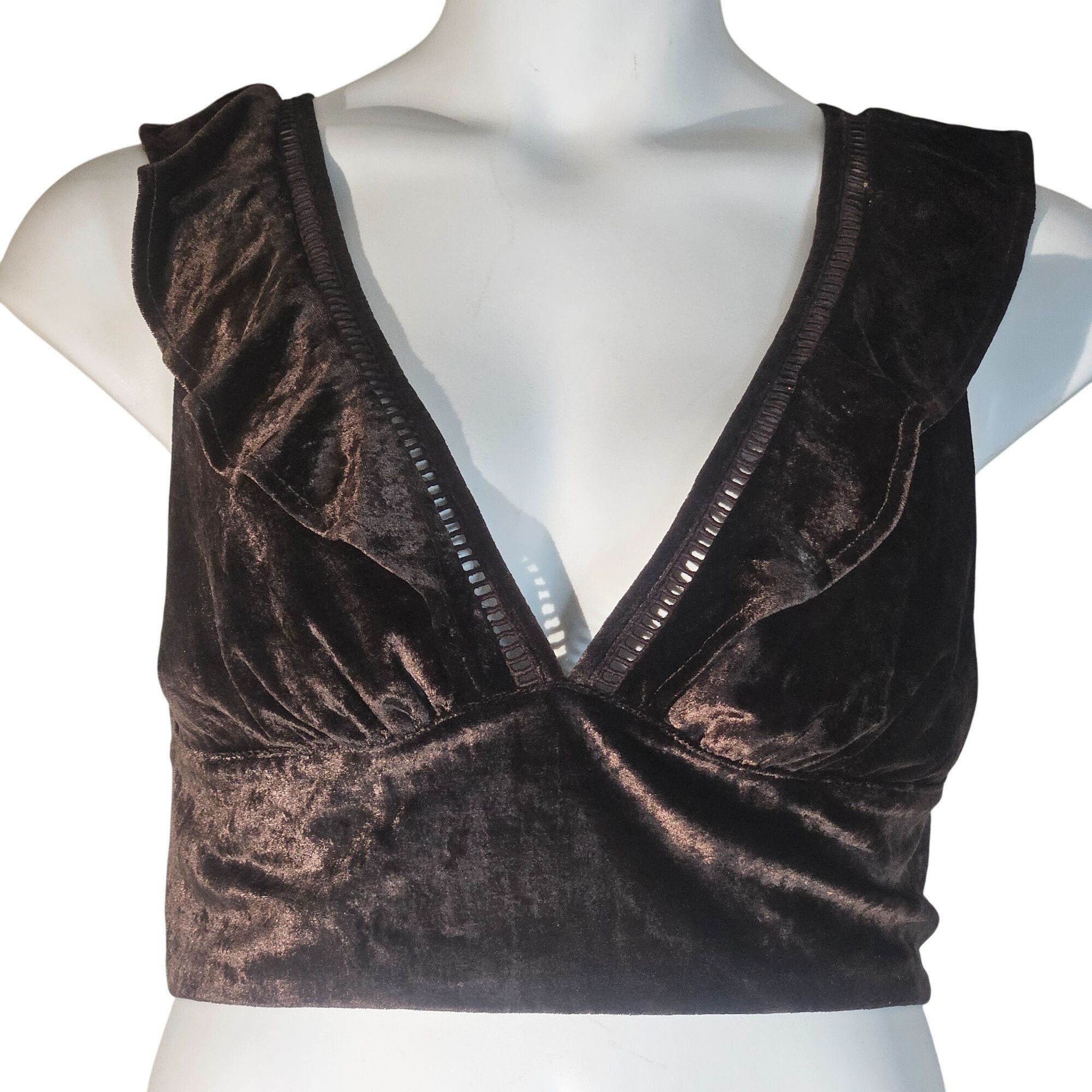 Free People Free People Velvet Lace-Up Crop Top Brown Plunge V-Neck Fest Size S / US 4 / IT 40 - 2 Thumbnail