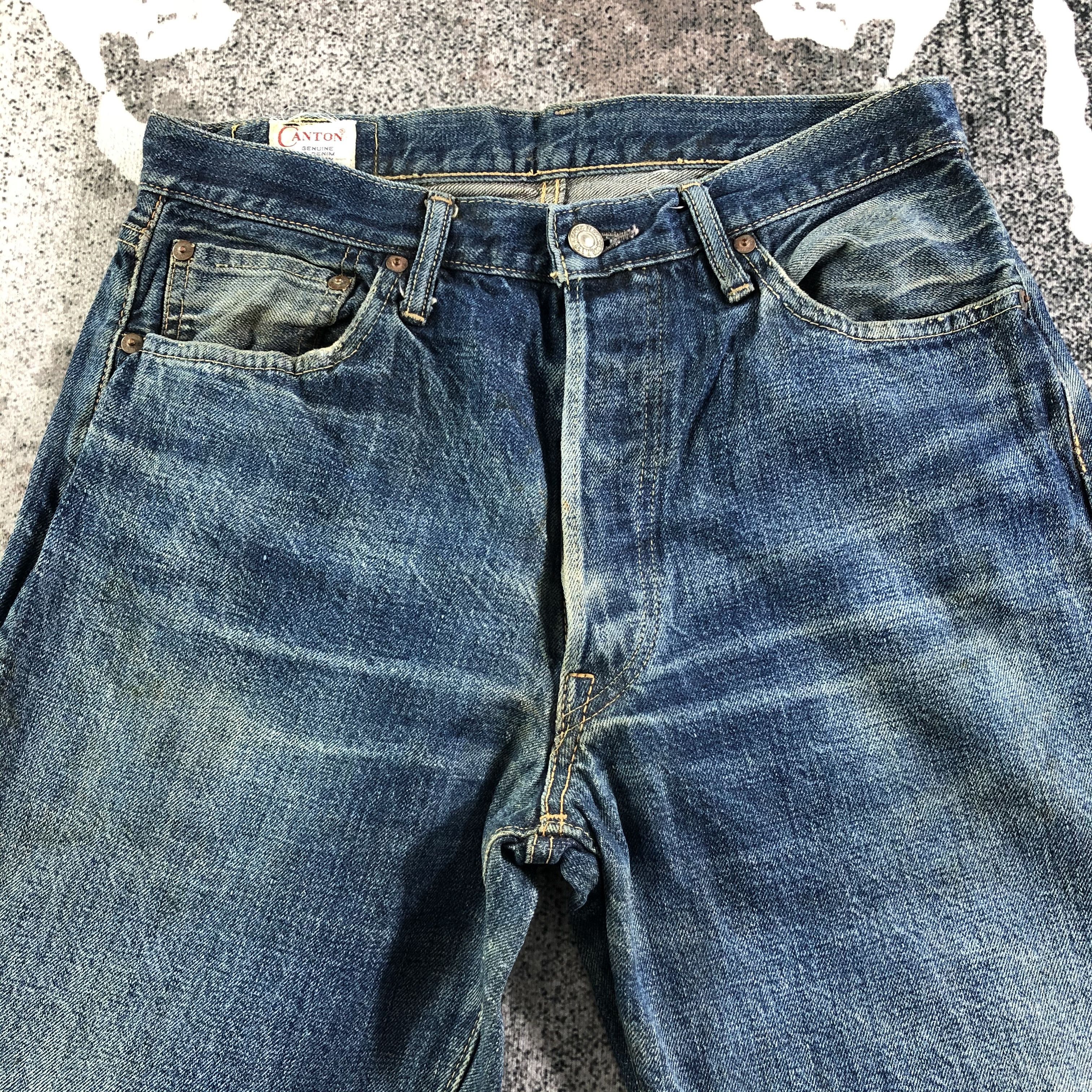 Japanese Brand Vintage Canton Selvedge Jeans Distress Dirty Blue KJ2402 Size US 29 - 3 Thumbnail