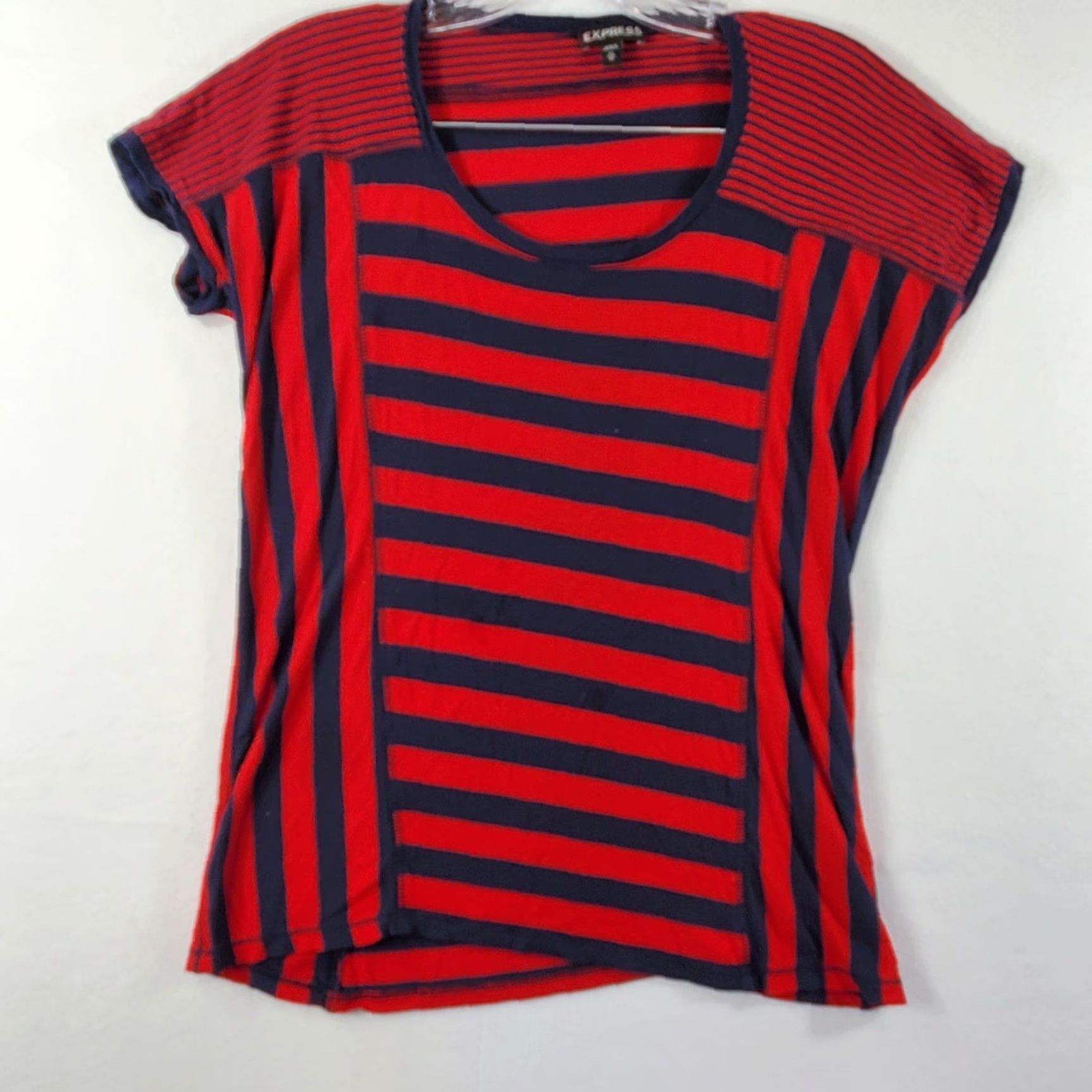 Express Express Shirt Womens XS Navy Blue And Red Striped Short Sleeve Stretch Nice Size XS / US 0-2 / IT 36-38 - 2 Thumbnail
