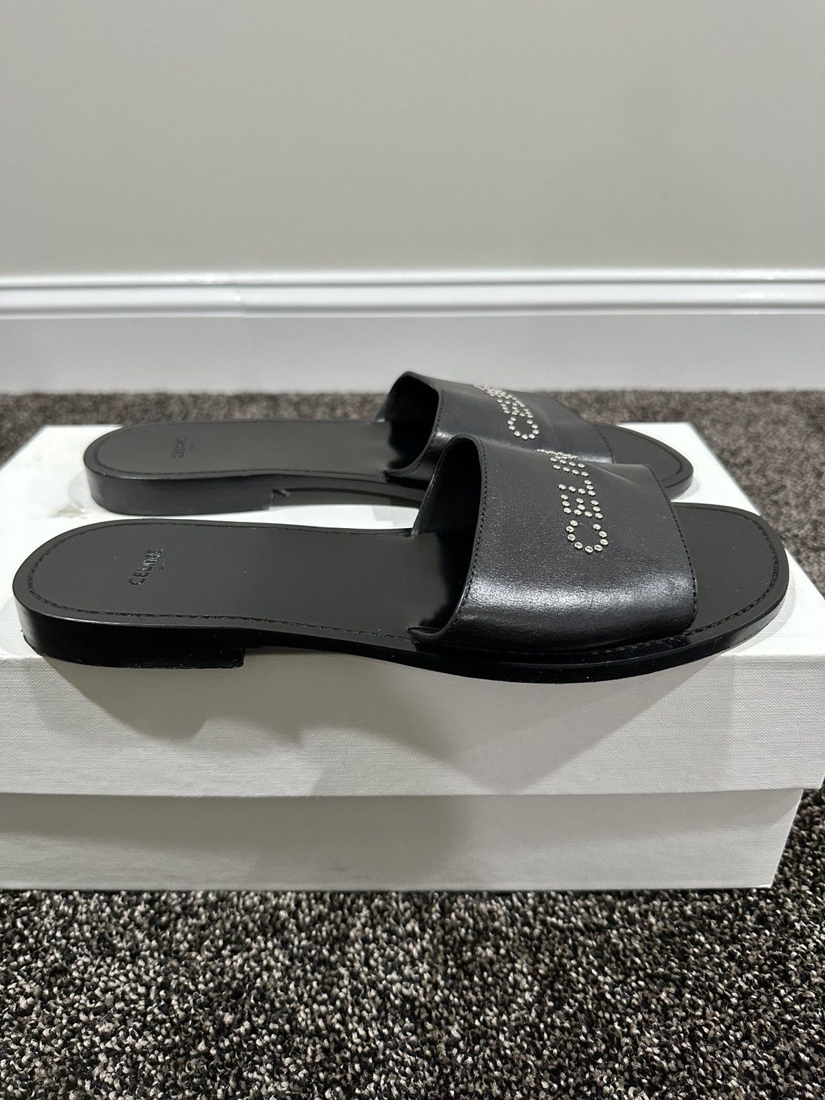 Celine × Hedi Slimane Celine x Hedi Slimane Studded Logo Black Leather Sandal Size US 9 / EU 42 - 4 Thumbnail