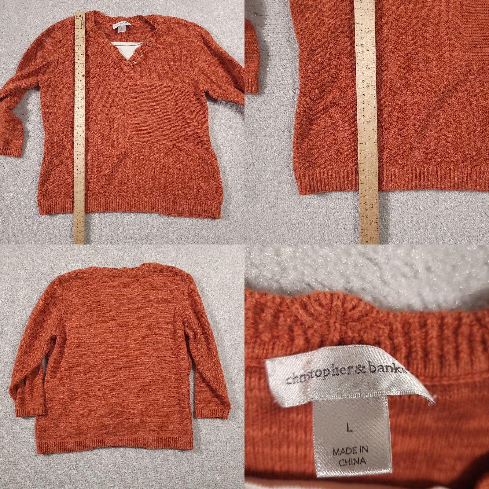 Vintage Christopher & Banks Sweater Women’s Large Orange 3/4 Sleeve V-Neck Knit Size L / US 10 / IT 46 - 8 Thumbnail