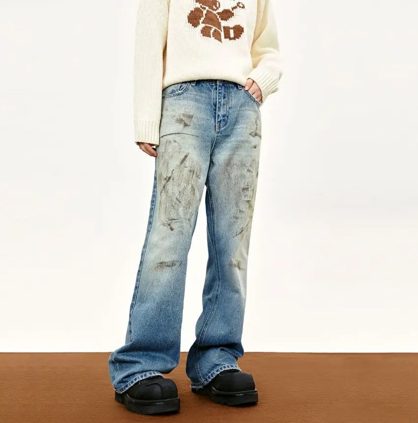 Designer × Japanese Brand Street mud-dyed washed distressed straight-leg jeans Size US 32 / EU 48 - 6 Thumbnail