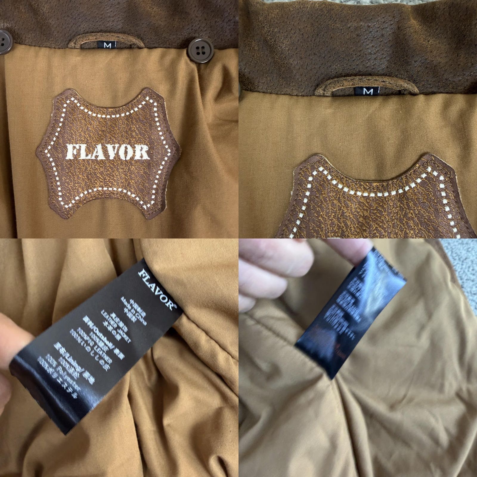 Vintage FLAVOR Jacket Mens Medium Brown Leather Bomber USA Flag Lined Full Zip Ribbed Size US M / EU 48-50 / 2 - 8 Thumbnail