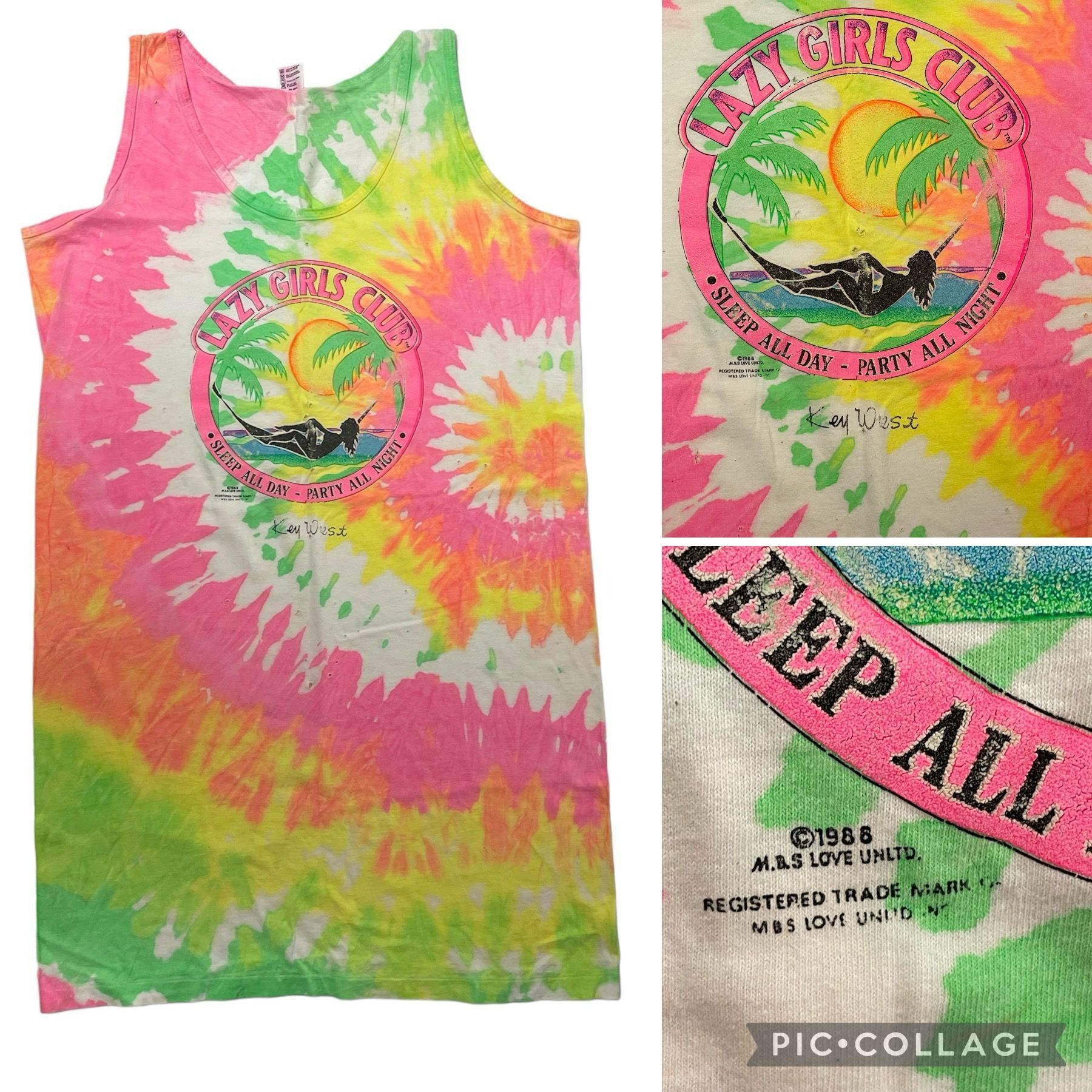 image of 80’S Anvil Neon Tie Dye Vacation Beach Lazy Girl Club Party in Pink Green Yellow, Women's