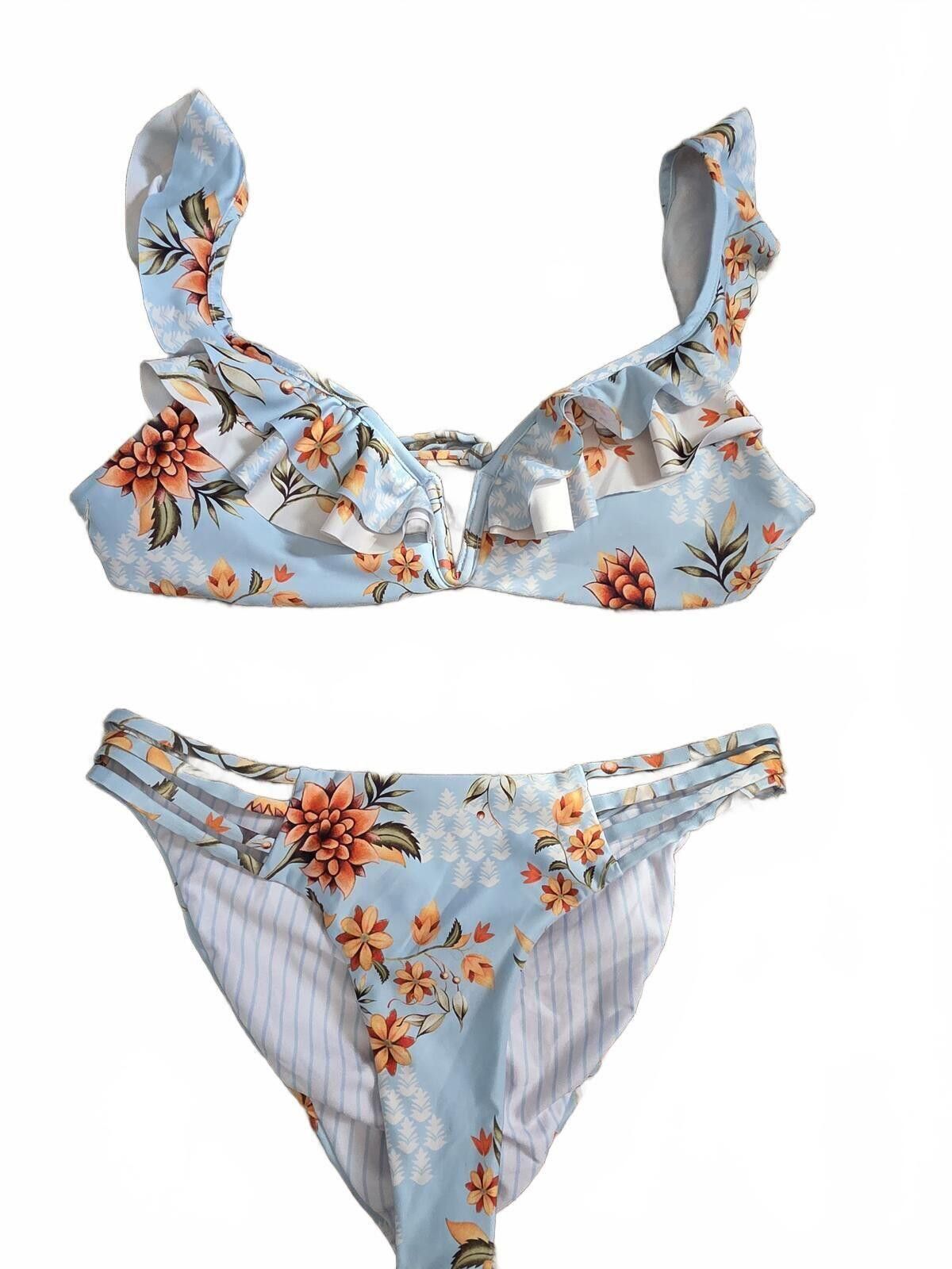 Other Agua Bendita Floral Ruffle Bikini Swimsuit Size S Blue NWOT Size ONE SIZE - 11 Thumbnail