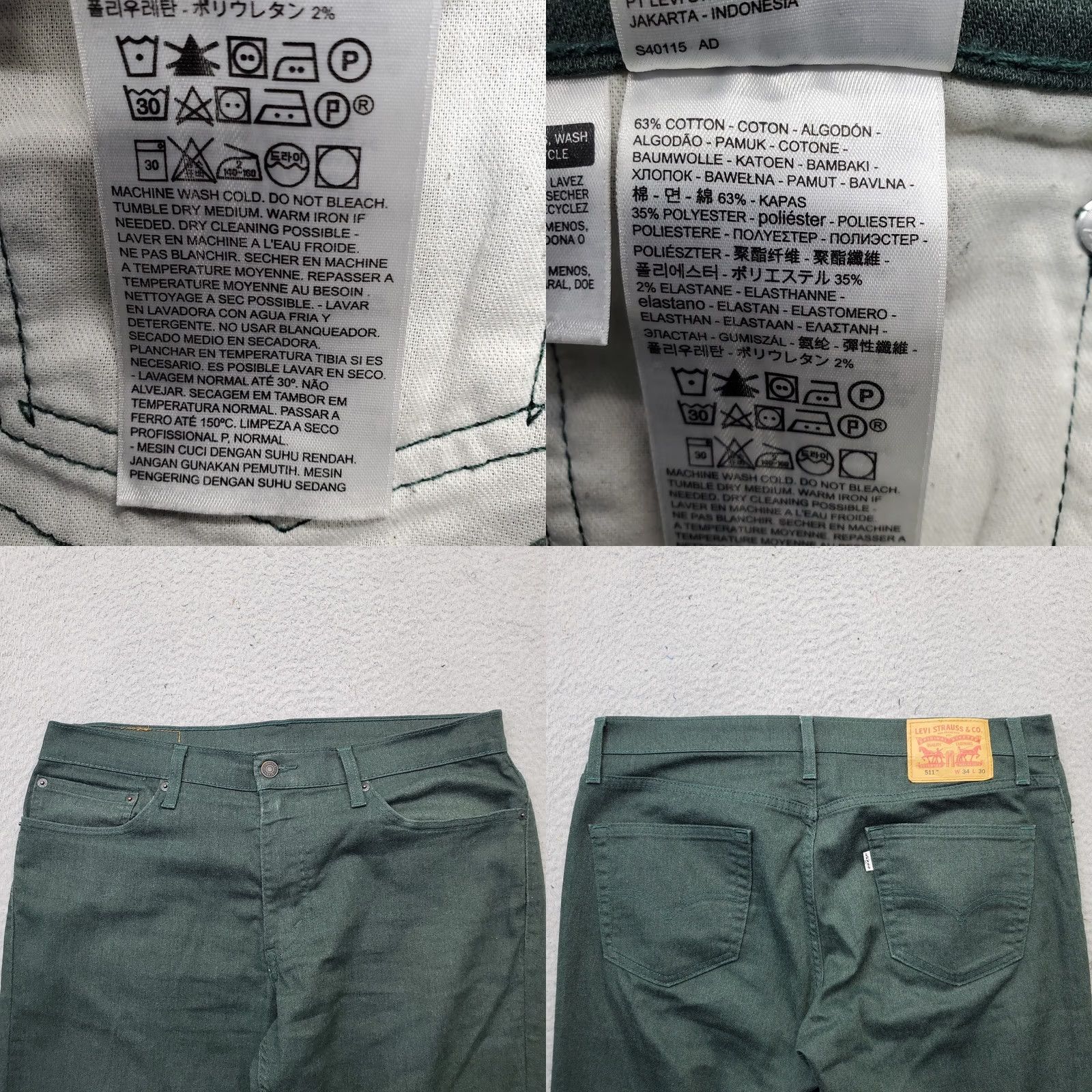 Levi's Levi's Mens 511 Jeans Slim 34 Green Stretch Denim Straight Leg — 5-Pocket, Button Zip Closure, White Tab, Regular Size: 34 Size US 34 / EU 50 - 8 Thumbnail