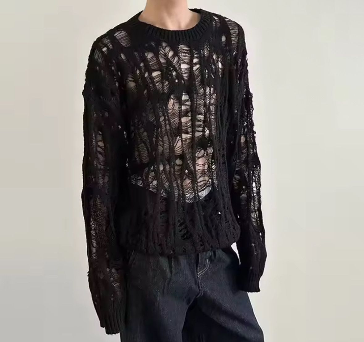 Other Retro Dark Style Vintage Ripped Hollow Out Mesh Knit Sweater Size US L / EU 52-54 / 3 - 1 Thumbnail