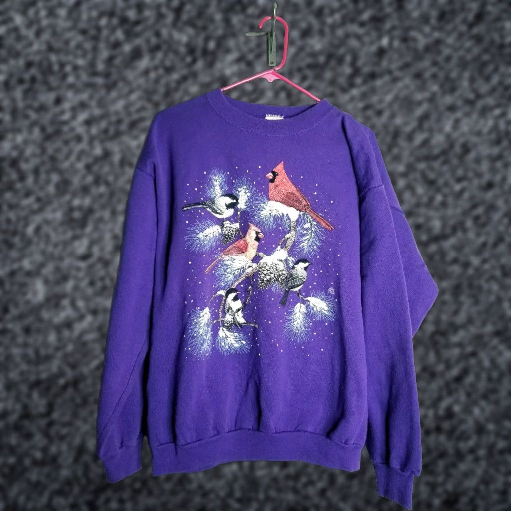 Vintage VINTAGE The Cotton Exchange Sweatshirt Ladies L Purple Snowy Cardinal Bird Print Crewneck 80s Winter Pullover Size L / US 10 / IT 46 - 1 Thumbnail
