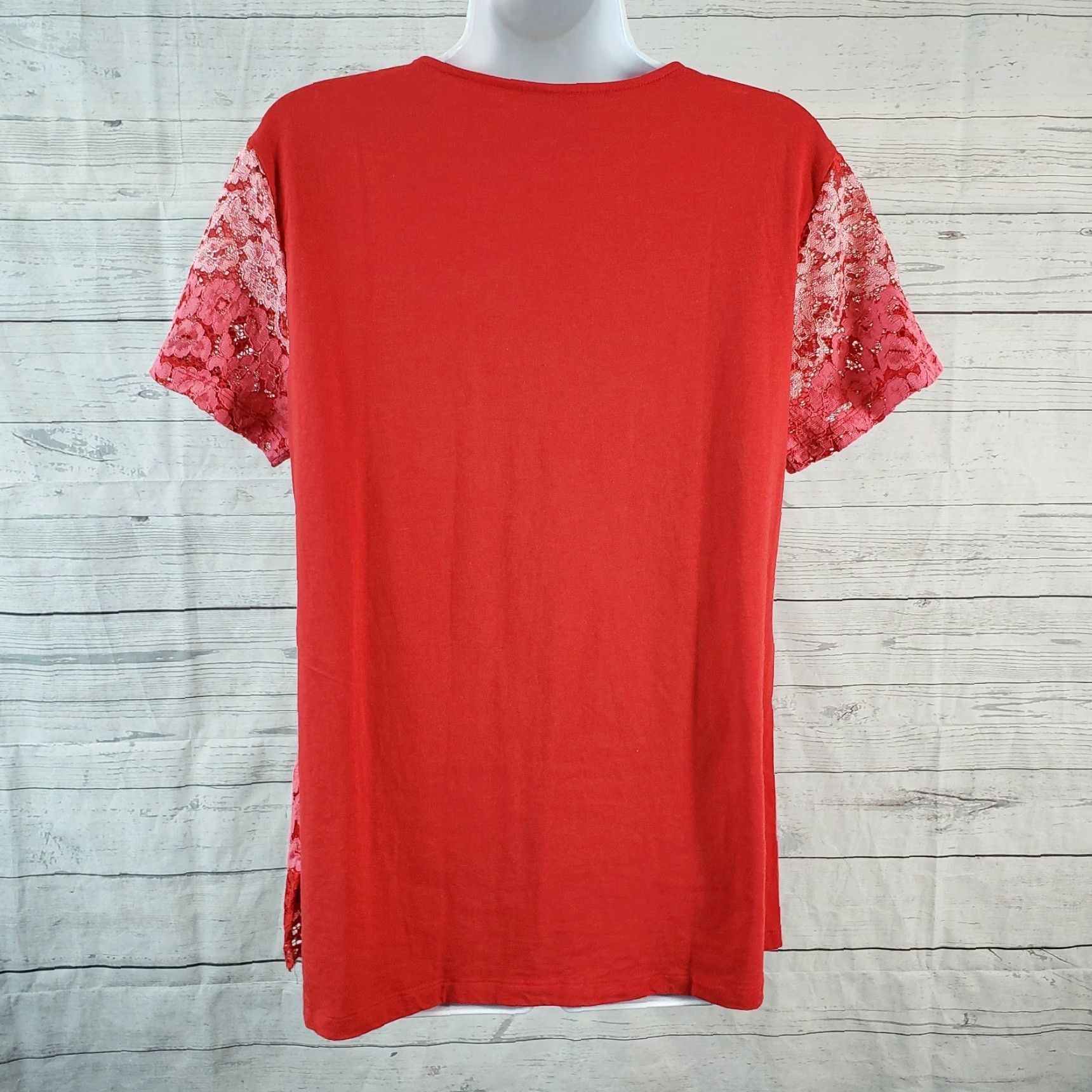 Isaac Mizrahi Isaac Mizrahi Live Womens Top Shirt Medium Red Lace Overlay Short Sleeve Size M / US 6-8 / IT 42-44 - 4 Thumbnail
