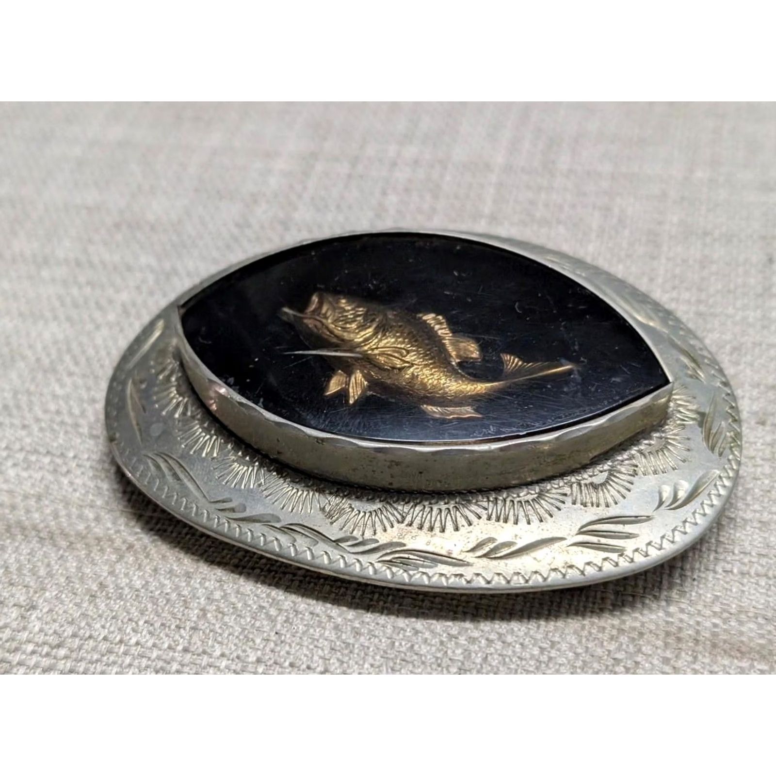 Vintage VINTAGE Western Jewelry belt buckle FISHING BASS German Silver Men Engraved 2.75" x 4" Fits 1.5" Womens? Size ONE SIZE - 5 Thumbnail