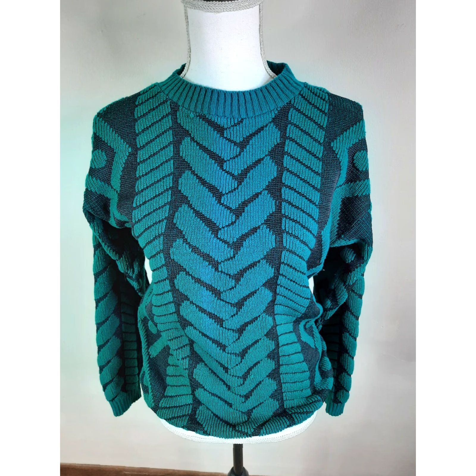Vintage VINTAGE Grannycore 90s Sweater Crewneck Pullover Green USA S6C M Jane Adams Sweater Geometric Pullover Crewneck Womens (adjusted for relevance) Size M / US 6-8 / IT 42-44 - 4 Thumbnail