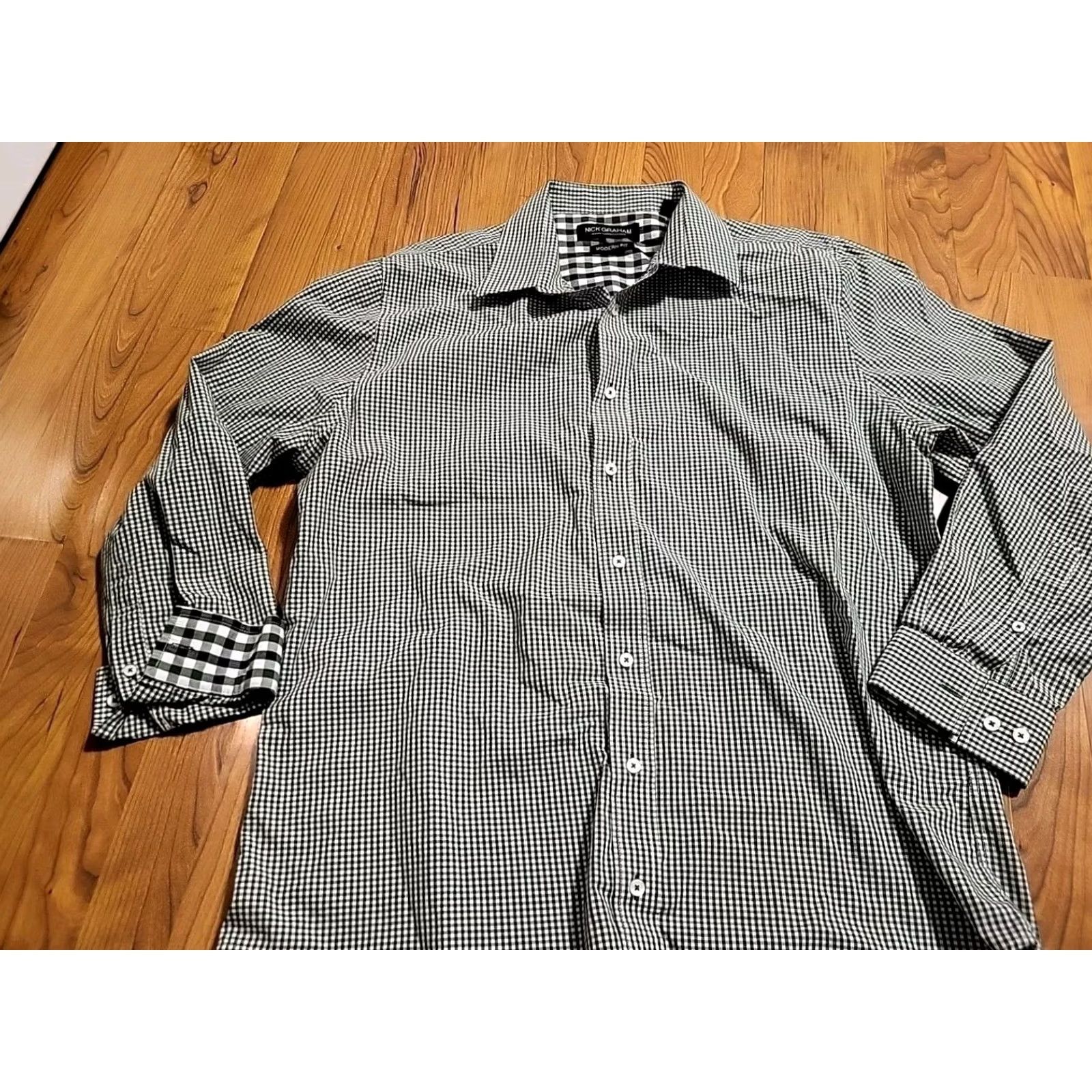 Vintage Nick Graham Modern Fit Button-Up Green White Checker XL Long Sleeve Mens Shirt Size US XL / EU 56 / 4 - 3 Thumbnail