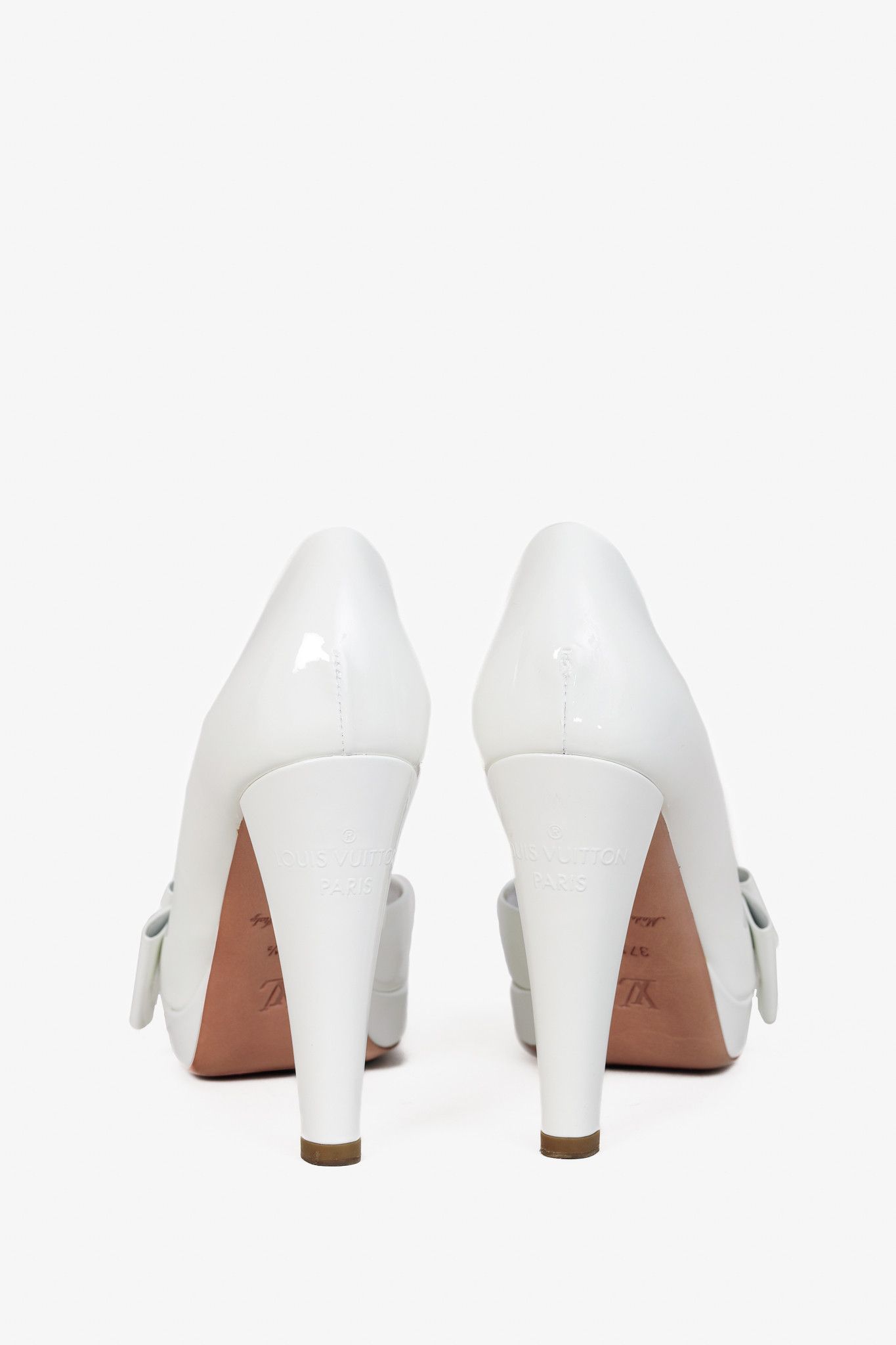 Louis Vuitton Louis Vuitton Apple White Patent Buckle-Bow Peep-Toe Pumps Size US 7 / IT 37 - 3 Thumbnail