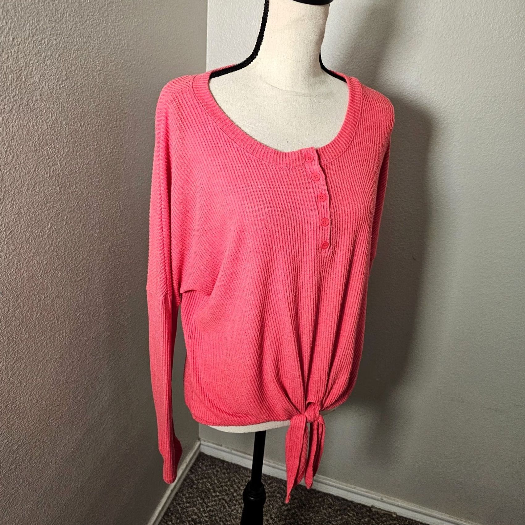 Treasure & Bond Treasure & Bond Women’s Pink Ribbed Knit Tie-Front Casual Sweatshirt S Size S / US 4 / IT 40 - 2 Thumbnail