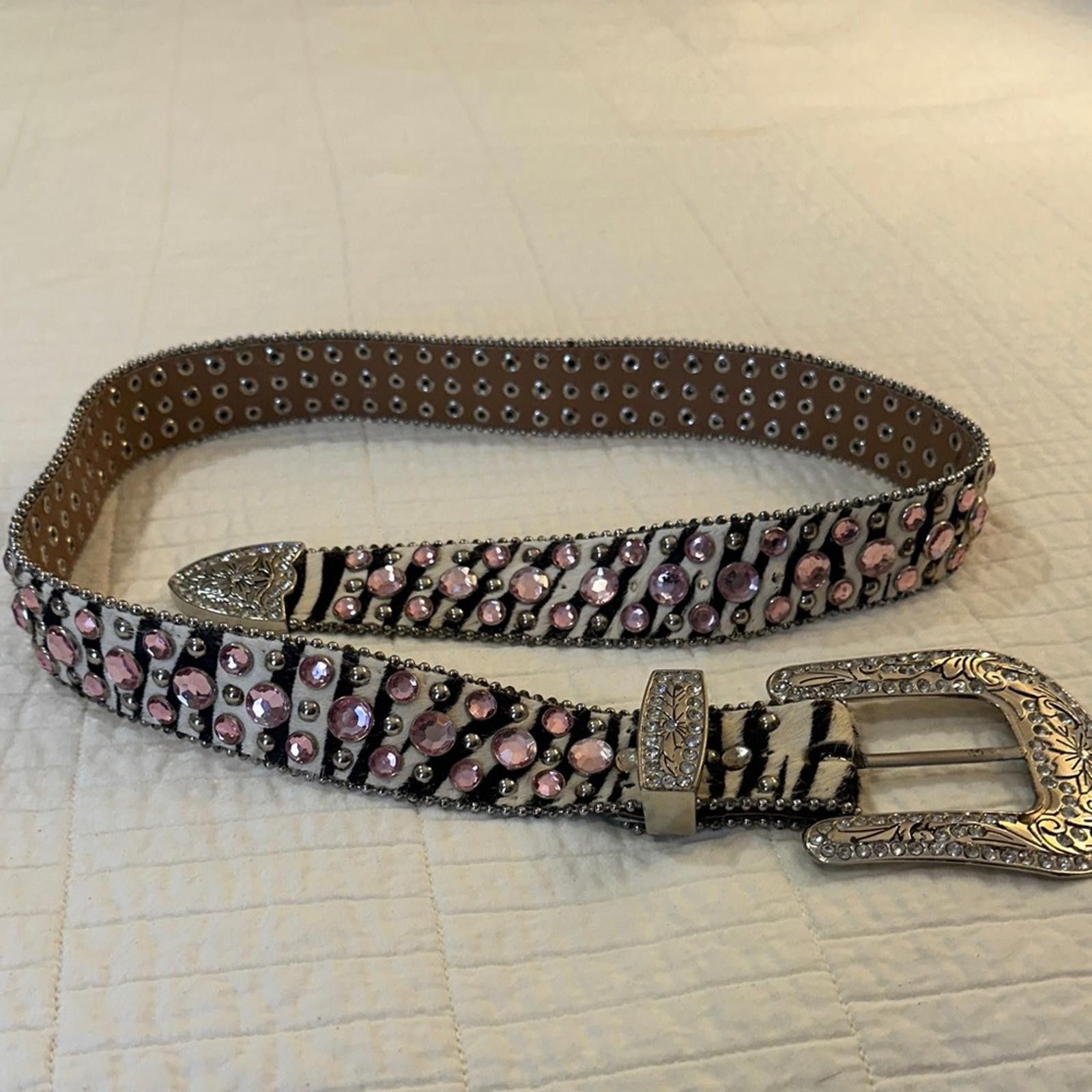 Other Western Studded Leather Belt Zebra Pink Rhinestone Rodeo Size ONE SIZE - 2 Thumbnail
