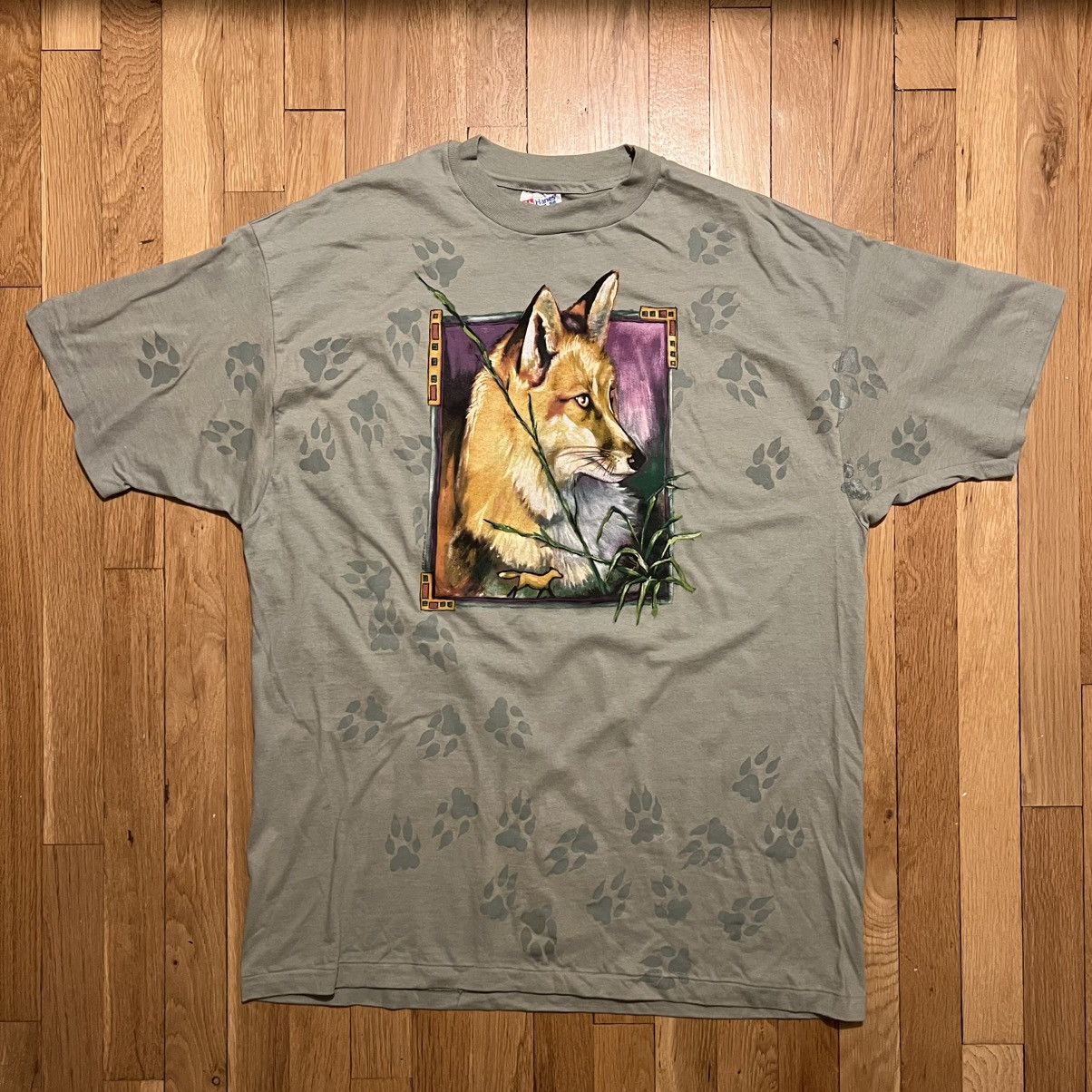 Hanes Vintage 1993 Fox AOP Paws On Location Green XL T Shirt Size US L / EU 52-54 / 3 - 1 Thumbnail
