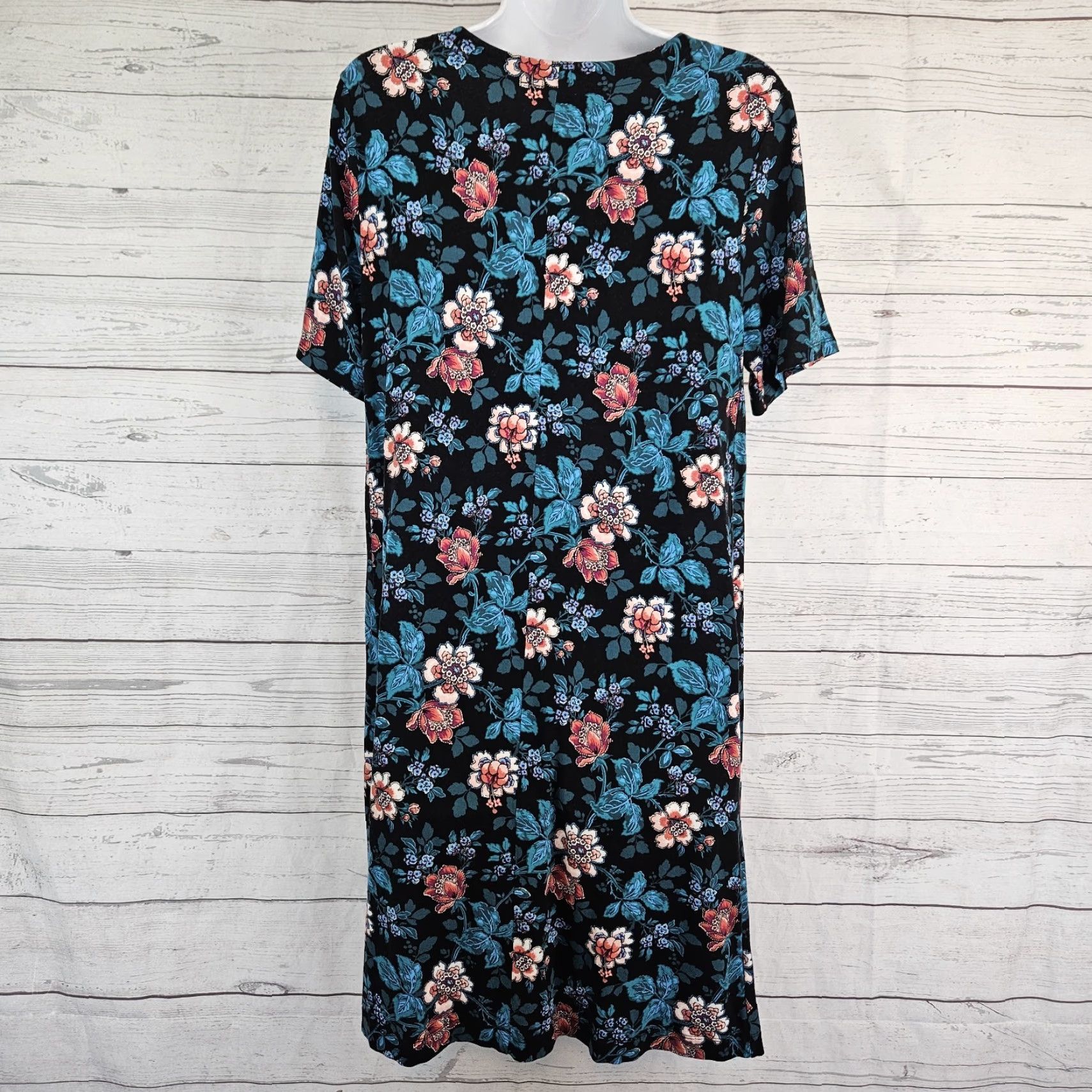 Loft Ann Taylor LOFT Womens Dress Short Sleeve Teal Pink Floral Rayon Knee Length M Multicolor T-Shirt Dress Womens Size 32" / US 10 / IT 46 - 3 Thumbnail
