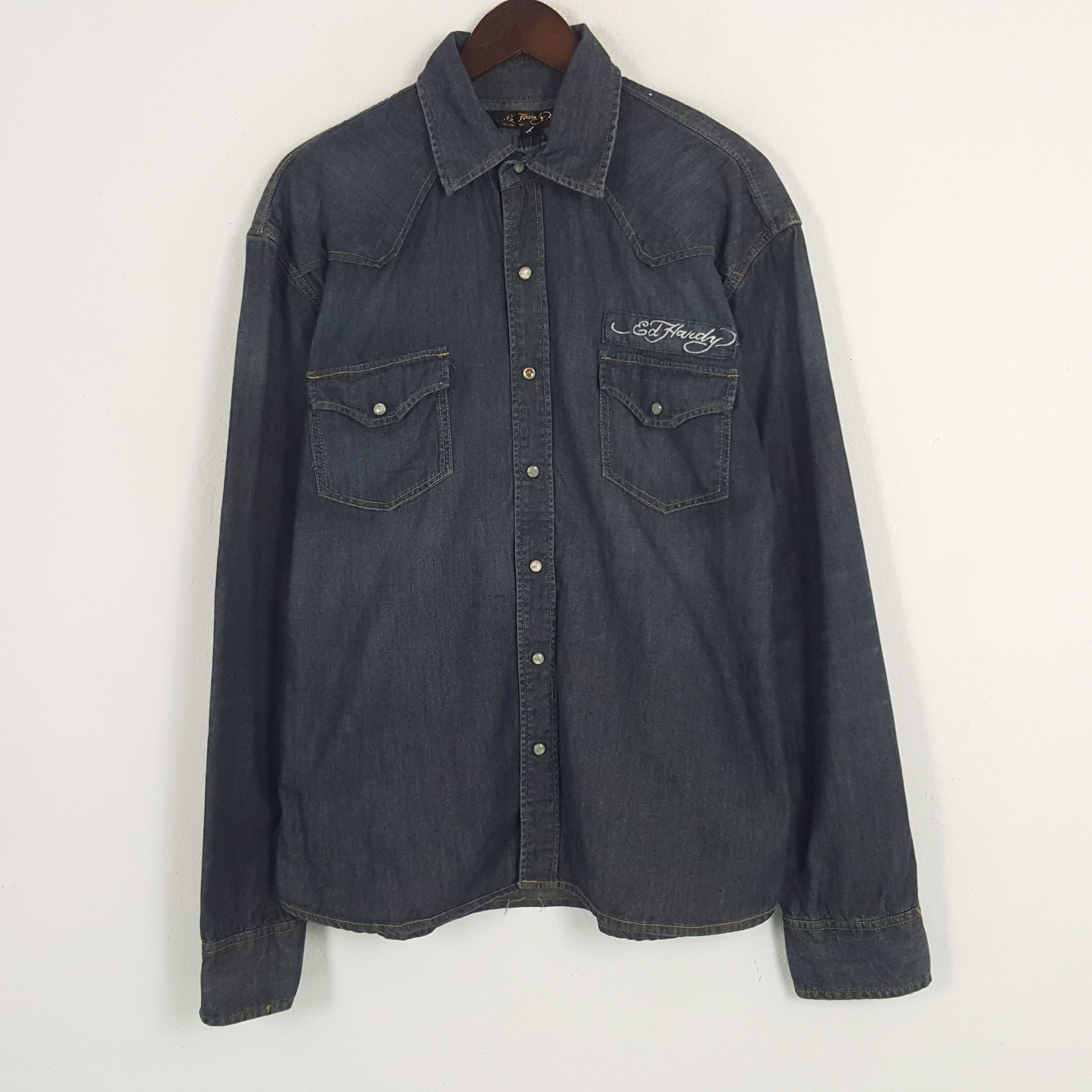 Ed Hardy × Vintage Vintage Ed Hardy Denim Style Button Up Shirt Size US L / EU 52-54 / 3 - 3 Thumbnail