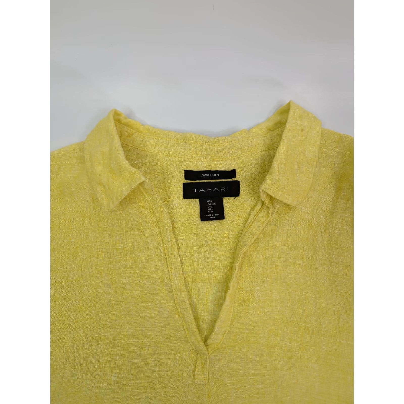 Vintage Tahari Blouse Shirt Womens Large 100% Linen Yellow V-Neck Collared Pullover 3/4 Sleeve Size L / US 10 / IT 46 - 7 Thumbnail