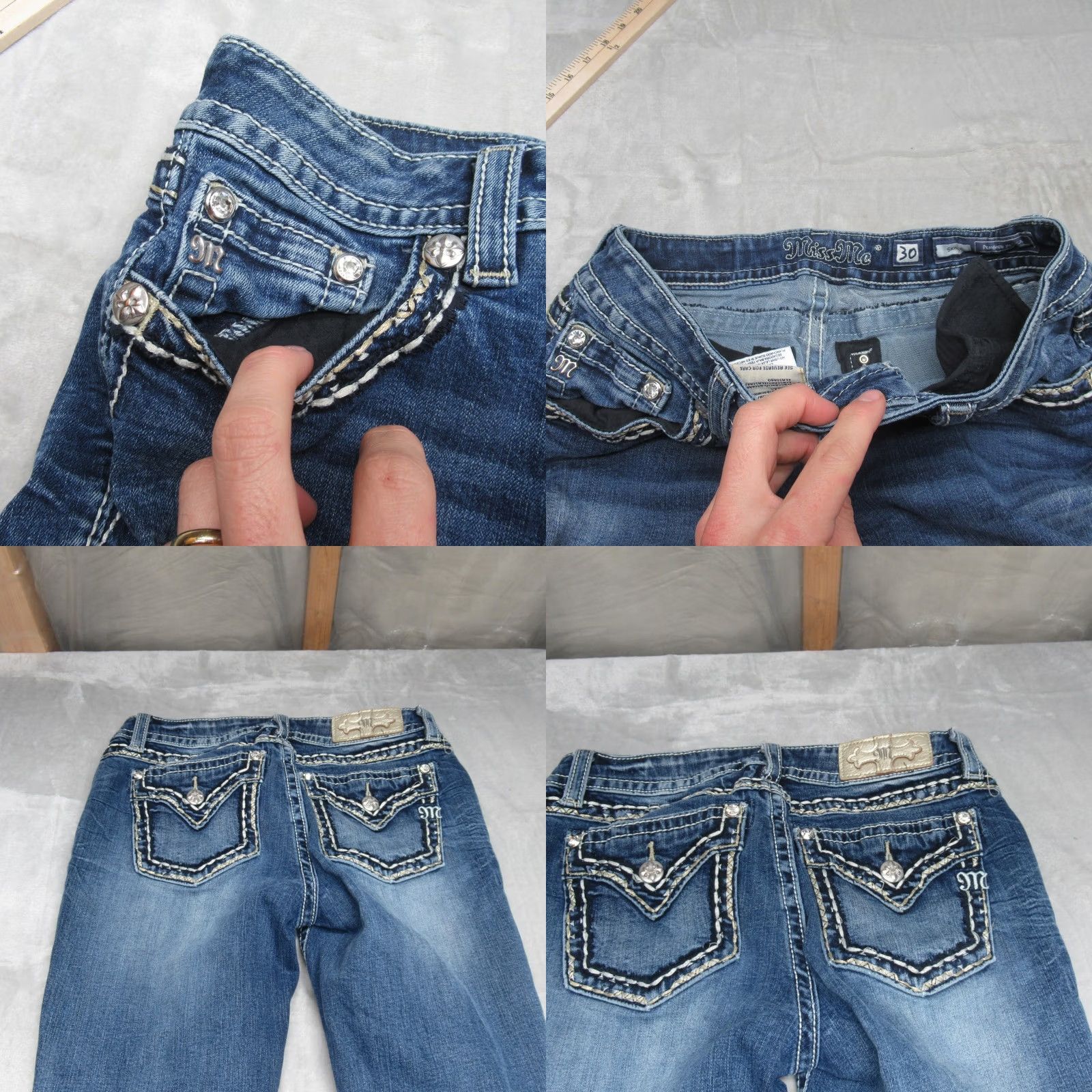 Miss Me Miss Me Jeans Womens Skinny Medium Wash Blue Denim Embellished Whisker Fade 29x28 Size 29" - 8 Thumbnail
