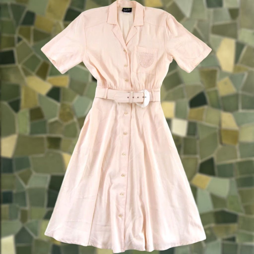 Vintage VINTAGE Wild Rose Dress Maxi, Belted, Pockets, Long (Collared Button-Up) Pink 1980s Women Size 6 Size M / US 6-8 / IT 42-44 - 1 Thumbnail