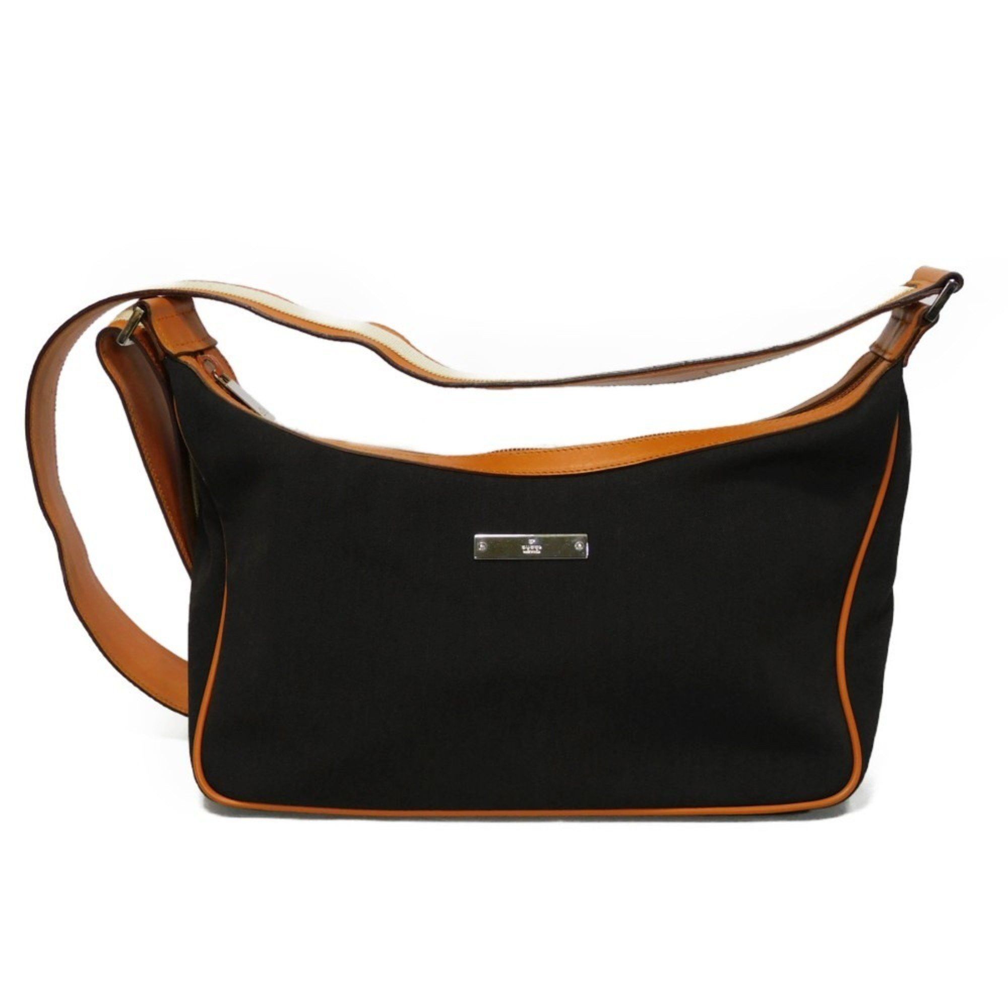 Gucci Shoulder Bag Plate Crossbody Calf Nylon Stripe Pochette Cotton Dark Brown 019 0460 Men's Women's