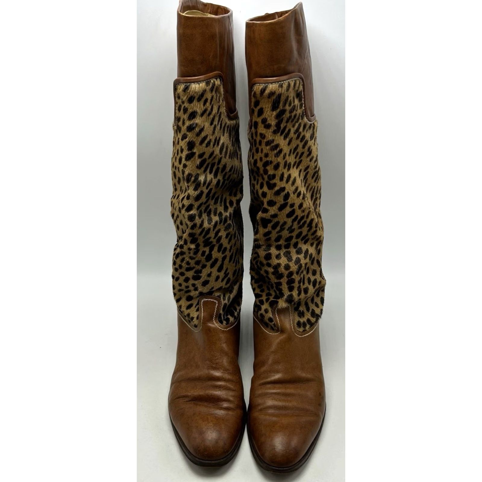 Vintage Studio Pollini Boots Womens 9 AA Brown Leather Knee High Animal Print Riding Boot Block Heel Leather Outsole Italy Vintage No Size US 9 / IT 39 - 3 Thumbnail