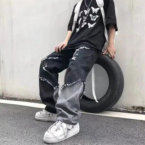 VIBE Baggy Distressed Patchwork Jeans, Embroidered Jeans Size US 34 / EU 50 - 2 Thumbnail