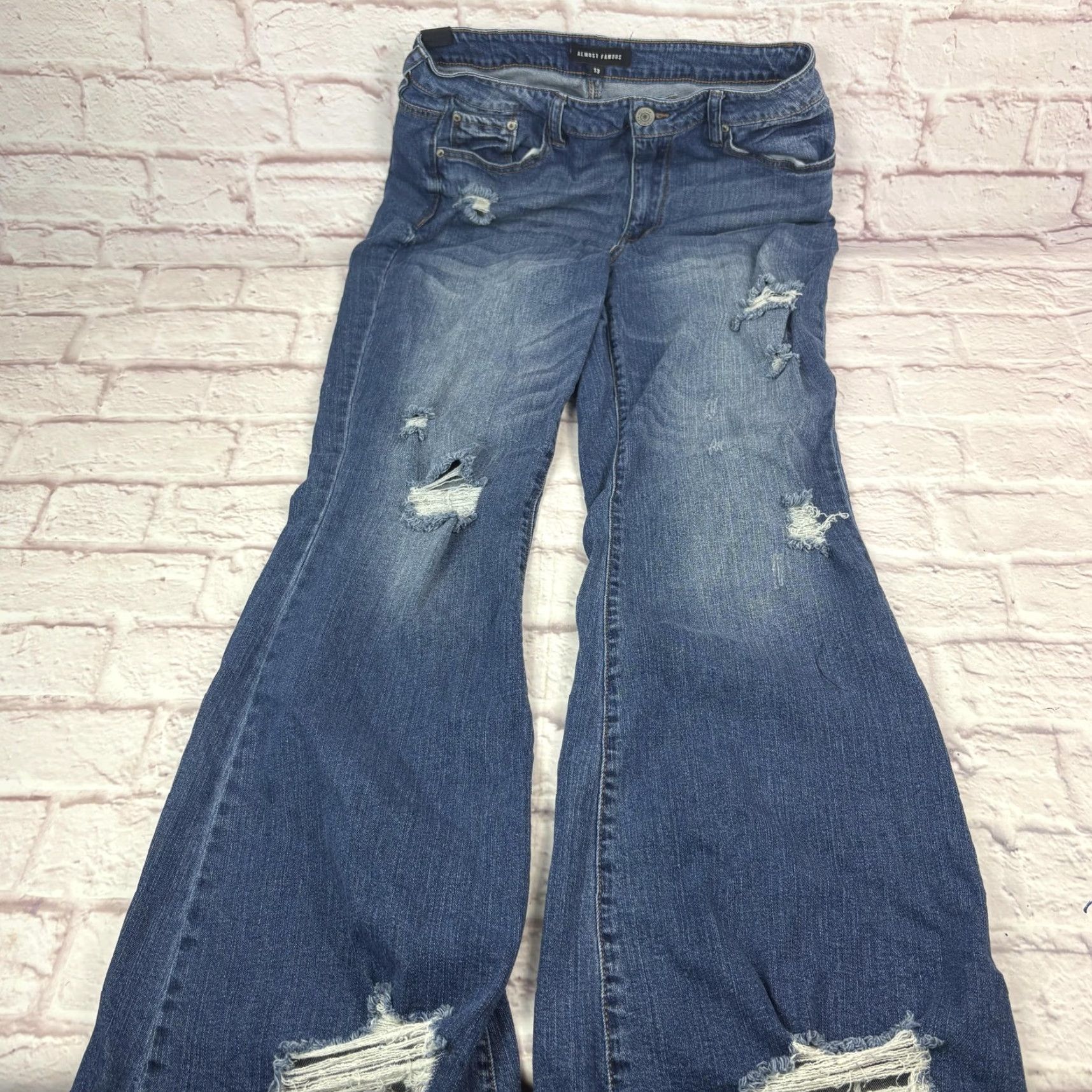 Almost Famous Almost Famous Jeans Womens 13 Medium Wash Blue Distressed Flare Raw Hem 30x30 Size 30" / US 8 / IT 44 - 2 Thumbnail