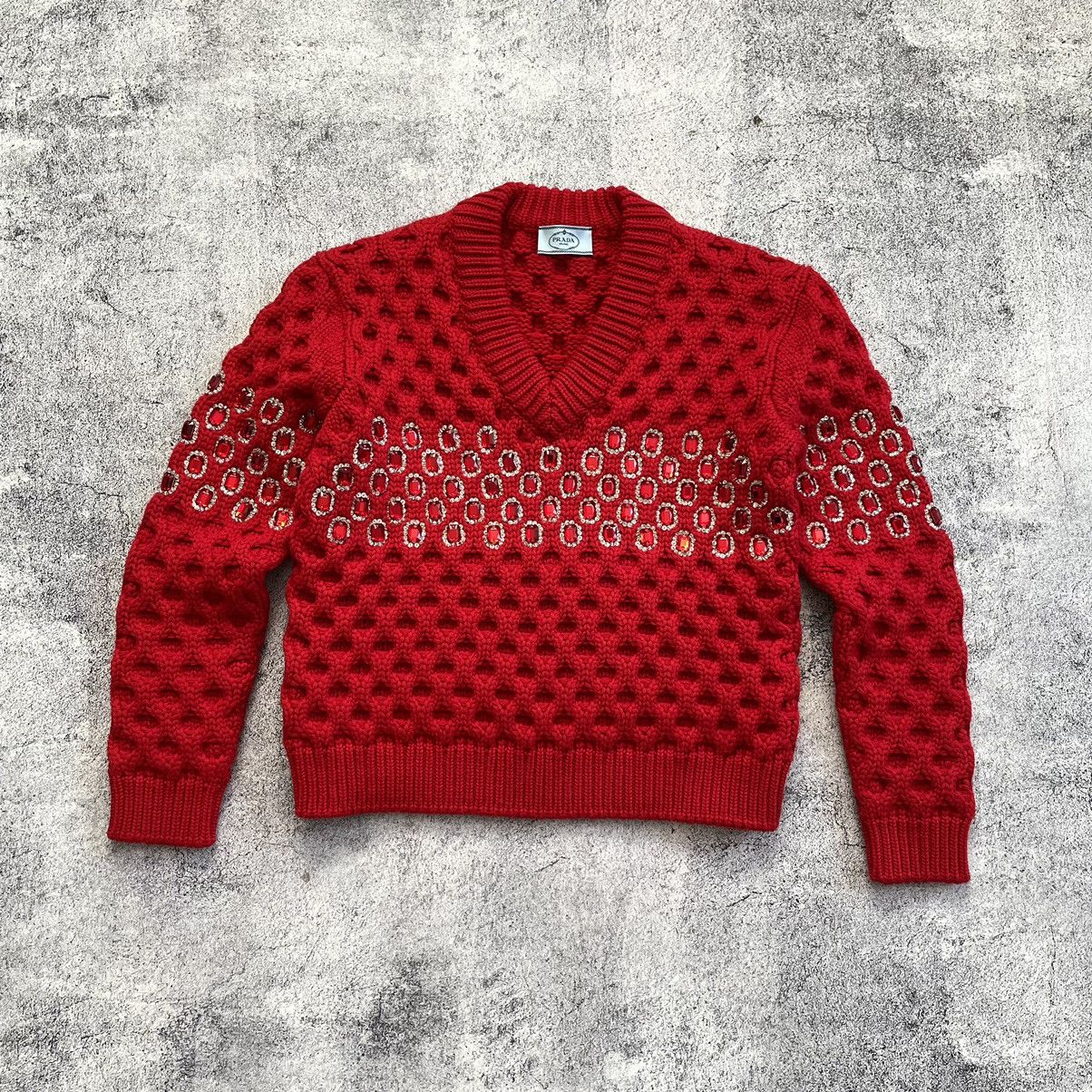 Prada Prada Crystal Embellished Wool Knit Sweater Red Limited Size S / US 4 / IT 40 - 1 Thumbnail