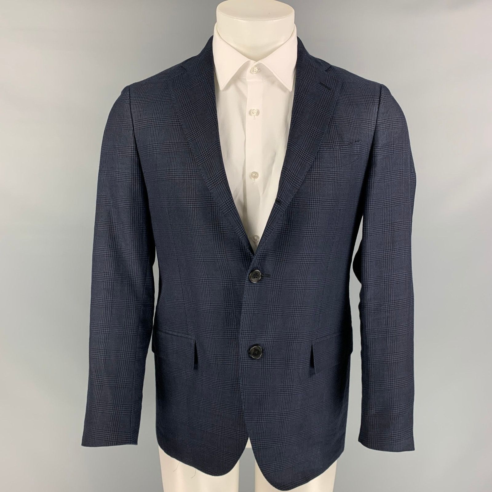 Salvatore Ferragamo Size 38 Navy Plaid Linen Blend Notch Lapel Sport Coat Size 38R - 1 Thumbnail