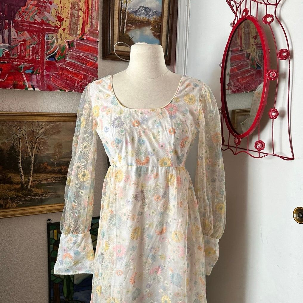 Handmade handmade vintage babydoll 70s pastel floral dress Size XS / US 0-2 / IT 36-38 - 2 Thumbnail