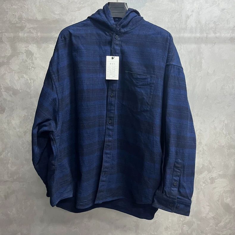 Balenciaga Blue Plaid Detail Hooded Long Sleeve Shirt-2506 Size US M / EU 48-50 / 2 - 1 Thumbnail