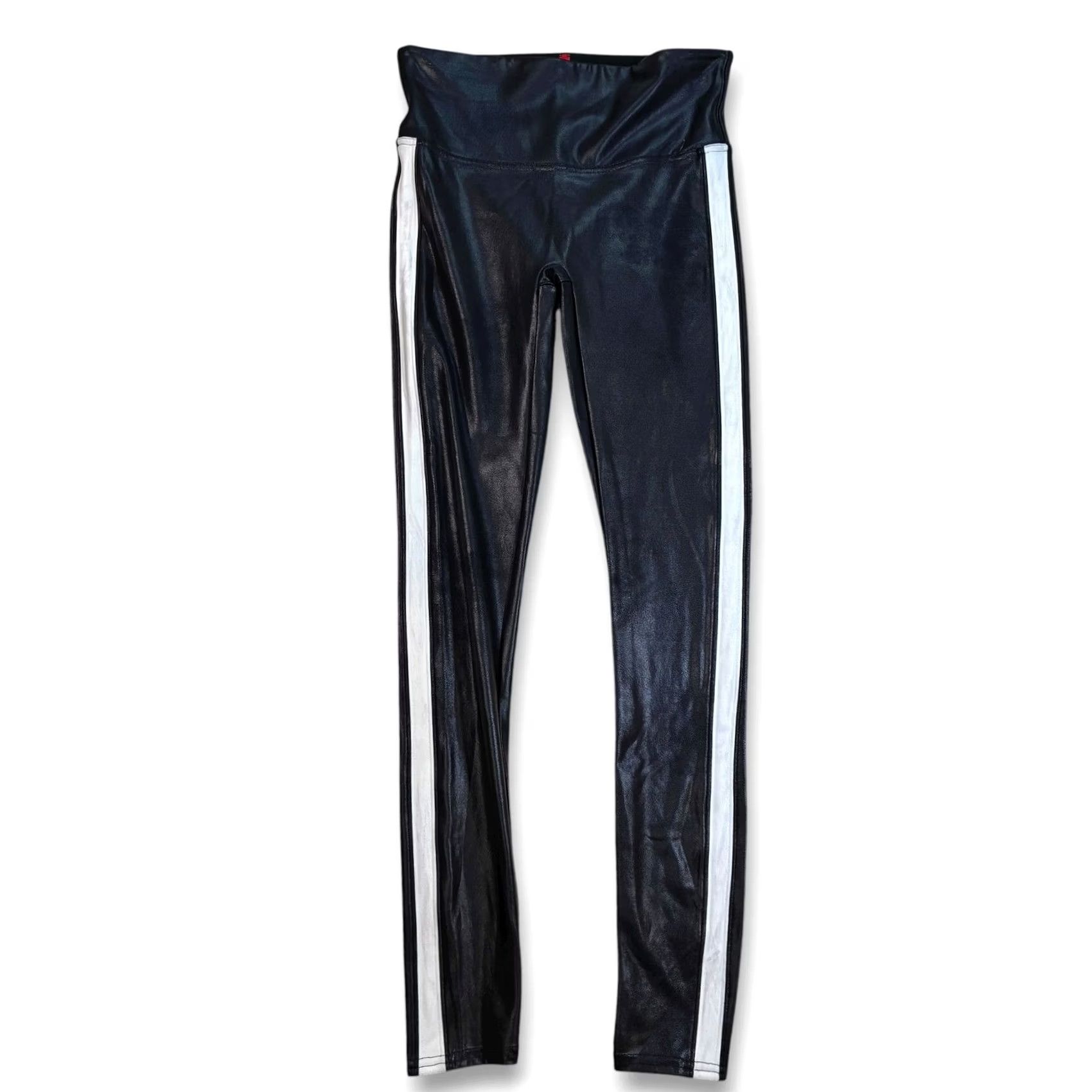 Spanx SPANX Leggings Black Faux Leather Shine White Stripe Side Detail Women Small Leggings Size 28" / US 6 / IT 42 - 2 Thumbnail