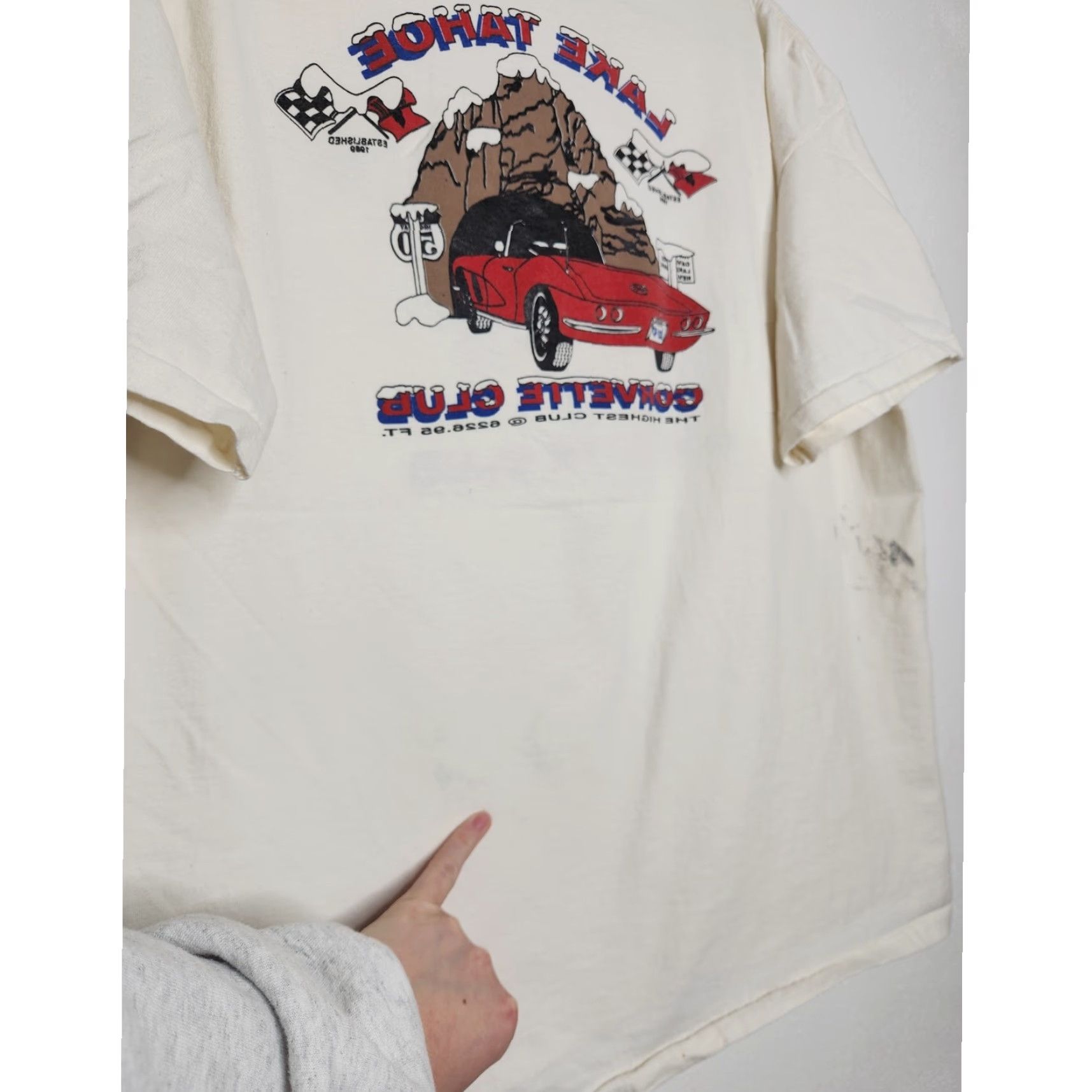 Vintage VINTAGE Oneita Corvette Lake Tahoe Club Double Sided Car Art Shirt XXL White Unisex Adults Men Women Shirts Art 90s 2000s Size US XXL / EU 58 / 5 - 8 Thumbnail