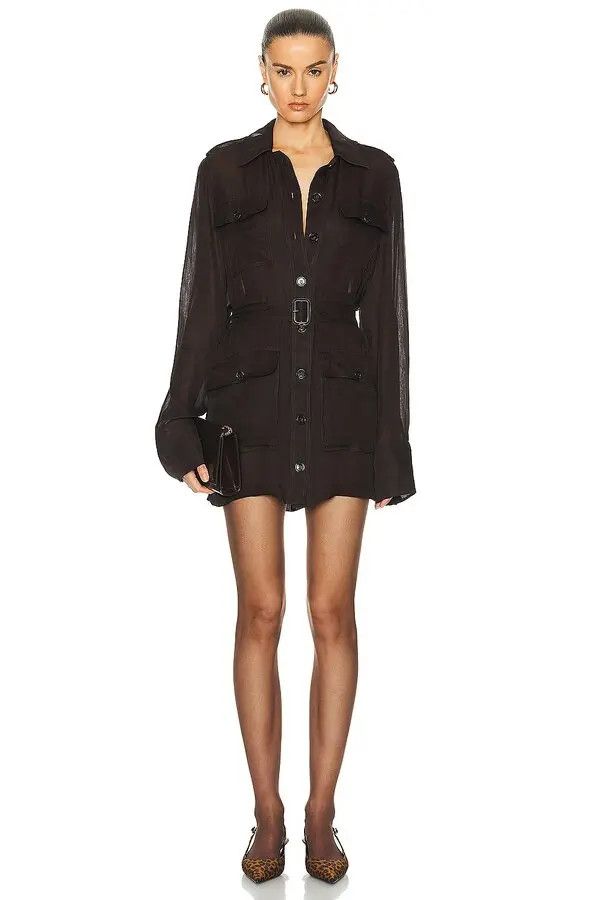 Saint Laurent Paris o1bcso1str1125 Saharienne Dress Silk in Black/Chocholate Size M / US 6-8 / IT 42-44 - 1 Thumbnail