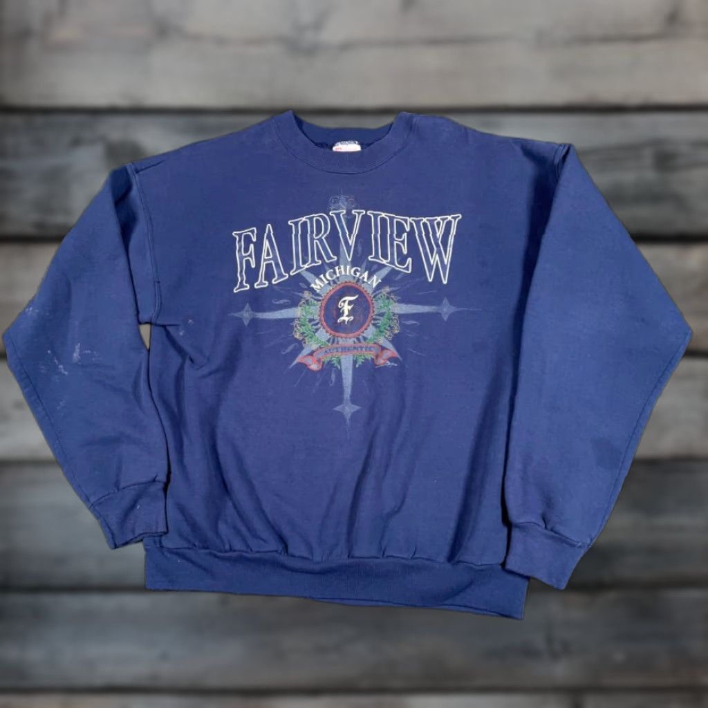 Hanes VTG Hanes Sweatshirt Fairview Michigan 90s Big Print Dark Blue XL Adult Men Size US XL / EU 56 / 4 - 1 Thumbnail