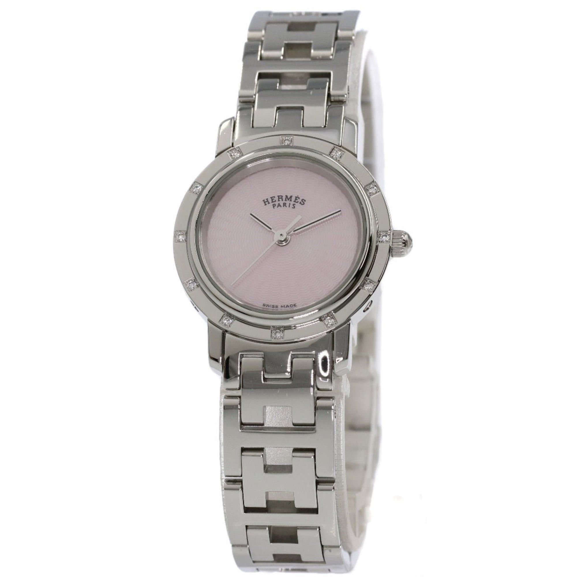 image of Hermes Cl4.230 Clipper Nacle 12P Diamond Watch Stainless Steel Ss Women's in Black