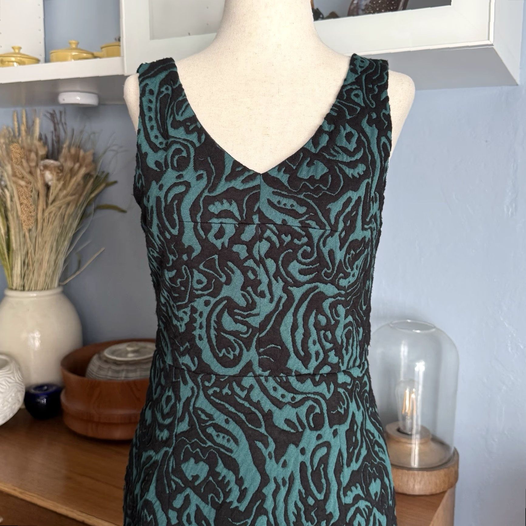 Vintage Catherine Malandrino Dress Jacquard Hi-Low Hem Midi Sleeveless V-Neck Zip Black Green Sz 2 Womens Size XS / US 0-2 / IT 36-38 - 6 Thumbnail