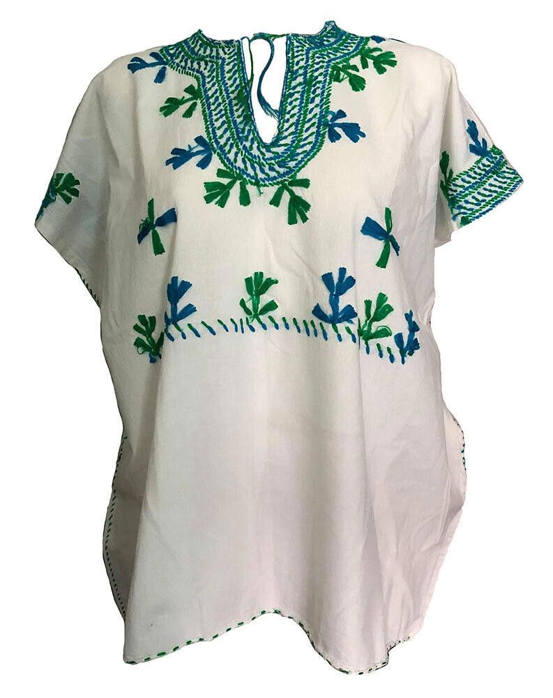 Designer Used White Hand Made Blue Green Embroidered Blouse L Size L / US 10 / IT 46 - 1 Thumbnail