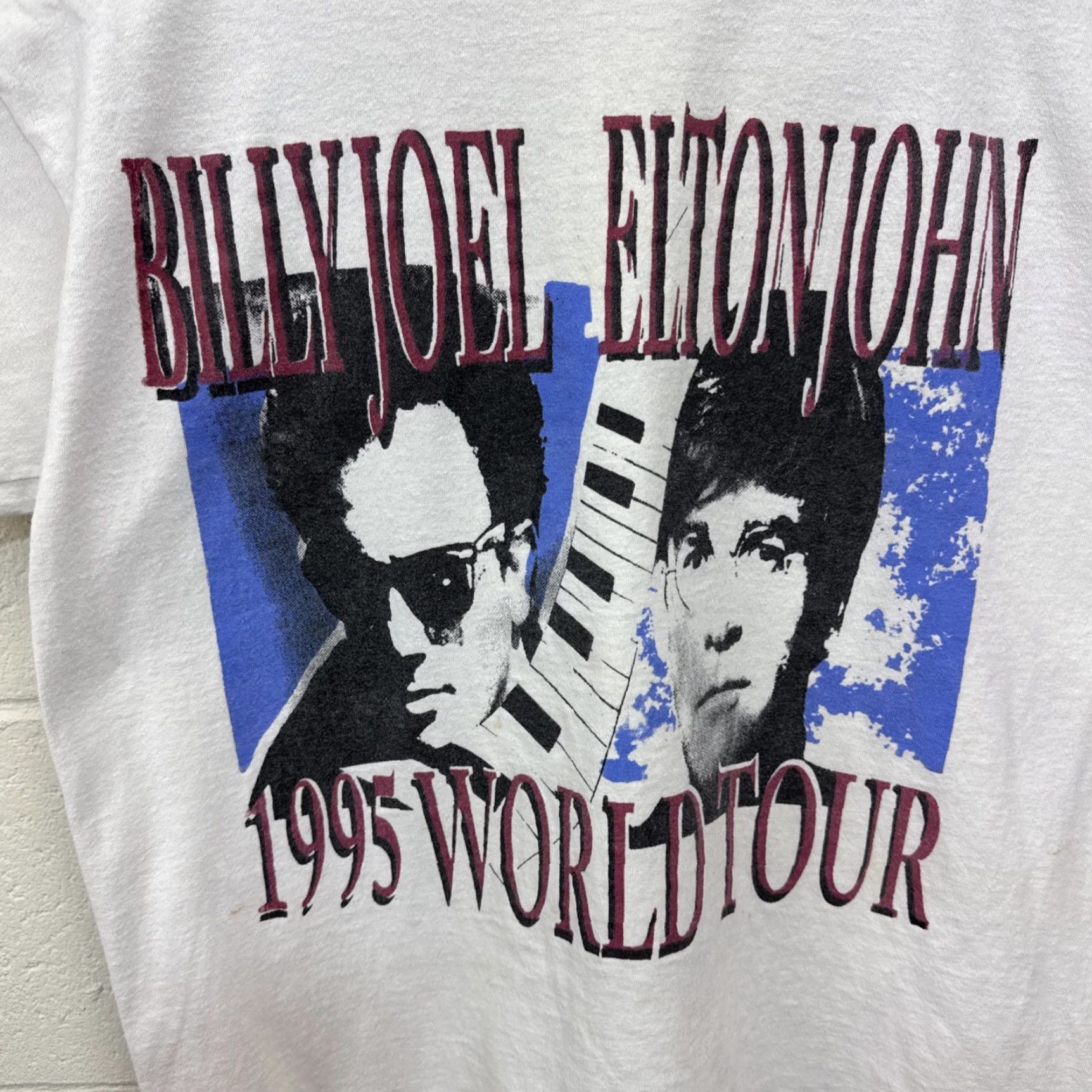 VINTAGE Billy Joel & Elton John T-Shirt Men's L White 90s World Tour Graphic Print Double-Sided Crew Neck - Softee