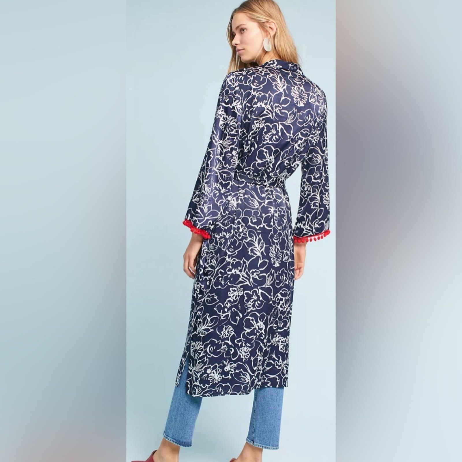MISA Los Angeles Misa Azores Tasseled Navy Blue & White Floral Kimono XS NEW Size XS / US 0-2 / IT 36-38 - 2 Thumbnail