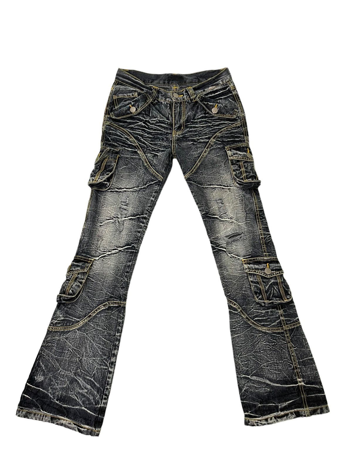 Japanese Brand Flare Jeans Cargo Low Box Crazy Faded Distress Boot Cut 6🟦2 Size US 29 - 2 Thumbnail