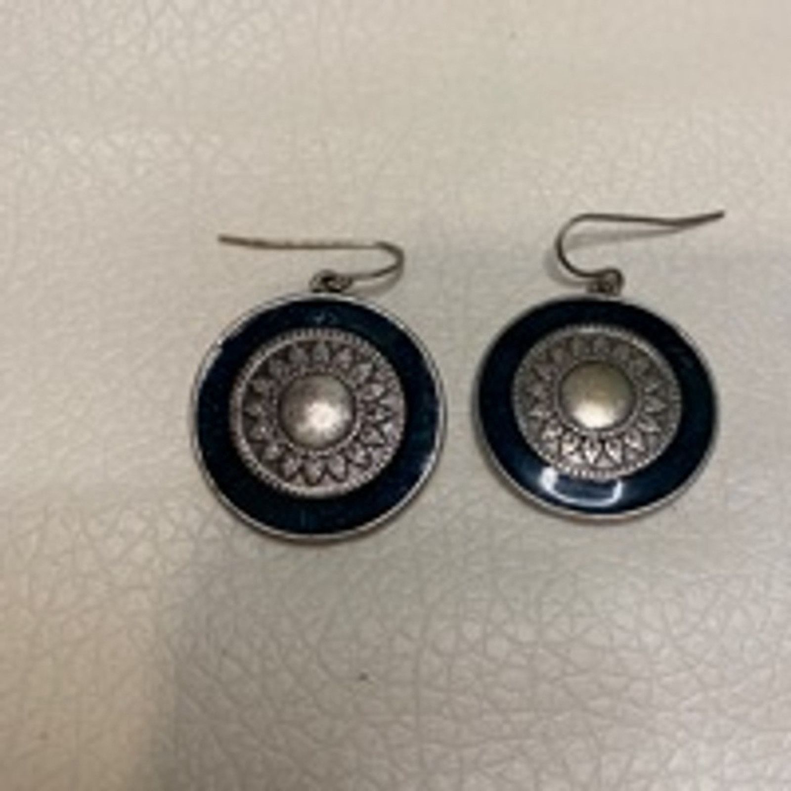 Vintage Boho Round Dangle Earrings Silver & Navy Blue Enamel Size ONE SIZE - 3 Thumbnail