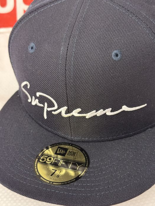 Supreme Supreme Classic Script New Era Cap Navy 7 1/8 hat | Grailed