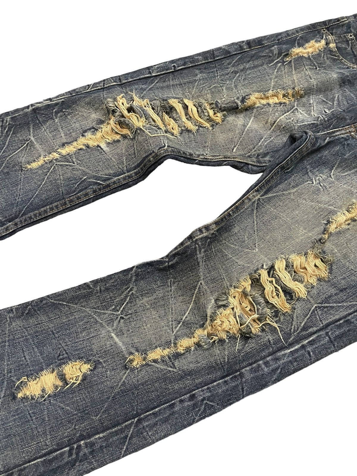 Japanese Brand × LOWBOX × Vintage KUI Japan Distressed Claw Mark Honeycomb Flared Jeans Size US 34 / EU 50 - 10 Thumbnail